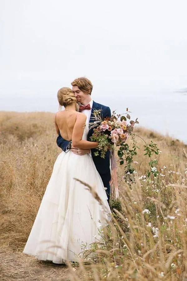 Simple Ivory A-line Chiffon Sleeveless V-neck Wedding Dresses, Bridal Gown, SW626