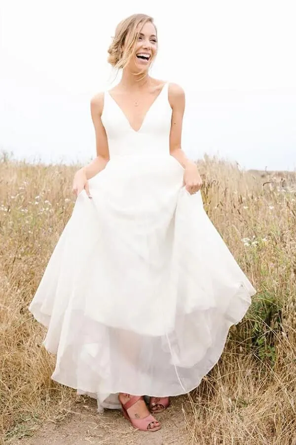 Simple Ivory A-line Chiffon Sleeveless V-neck Wedding Dresses, Bridal Gown, SW626