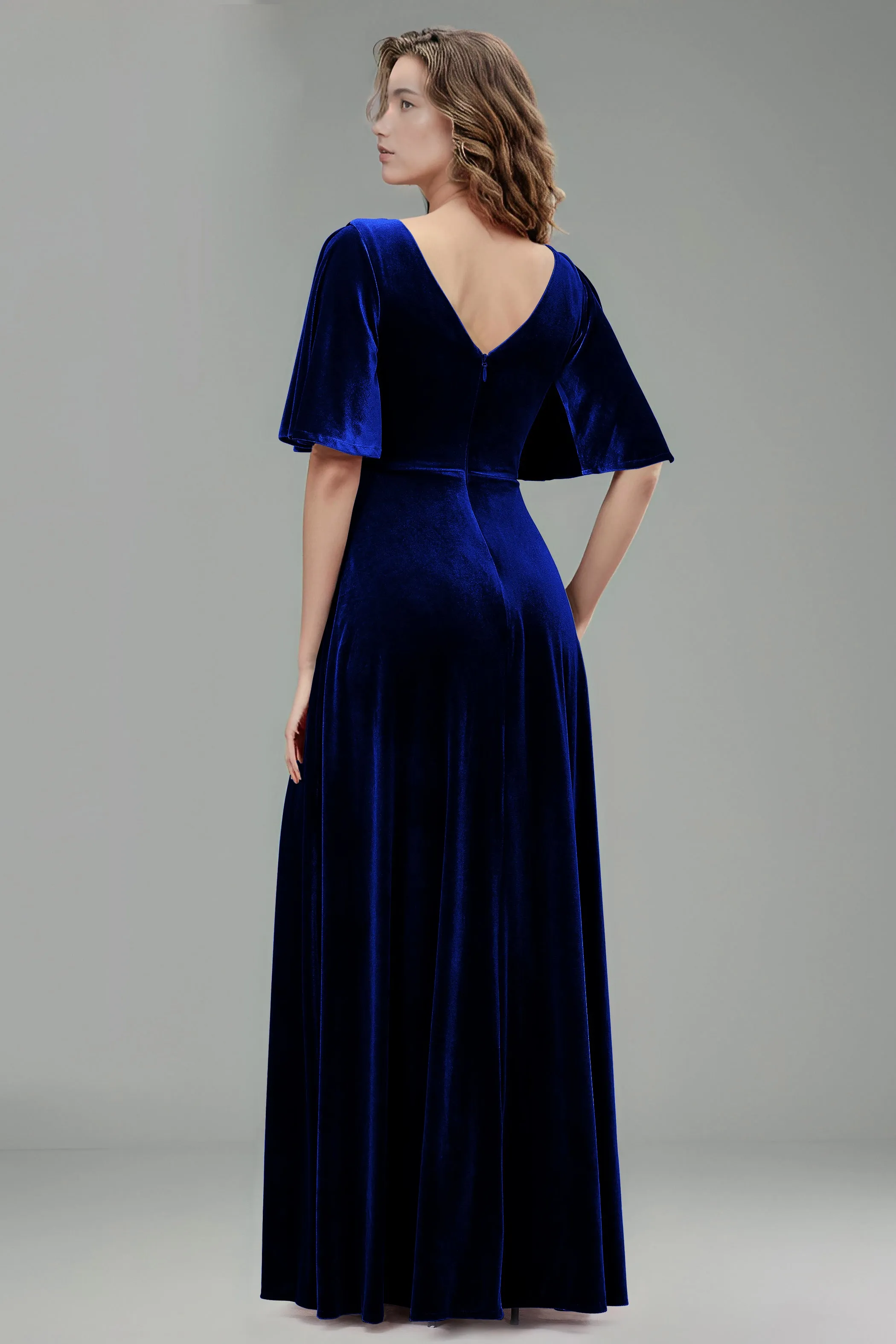 Simple V-Neck A-Line Short Sleeves Floor Length Velvet Bridesmaid Dresses