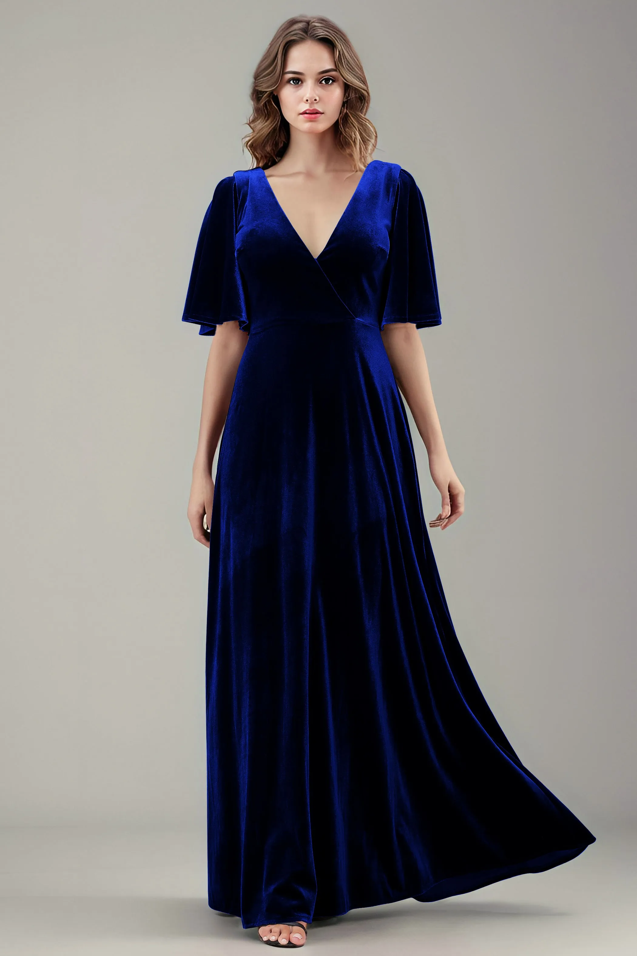 Simple V-Neck A-Line Short Sleeves Floor Length Velvet Bridesmaid Dresses