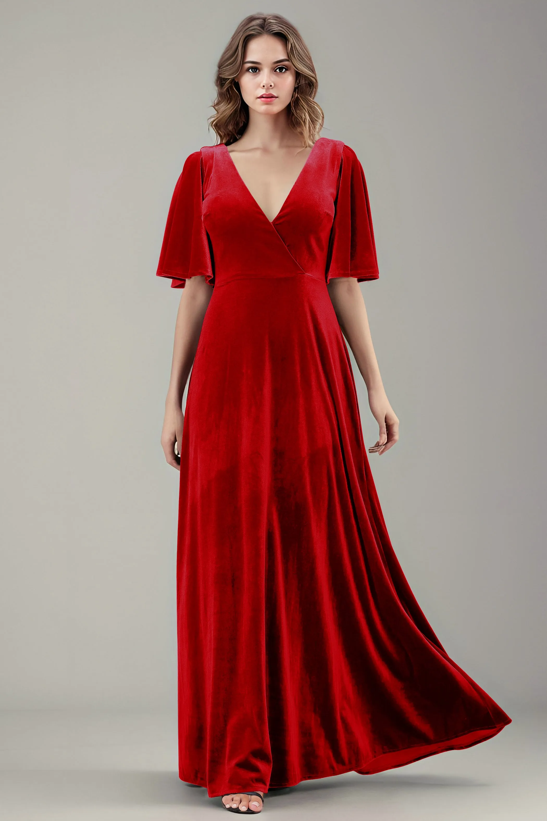 Simple V-Neck A-Line Short Sleeves Floor Length Velvet Bridesmaid Dresses