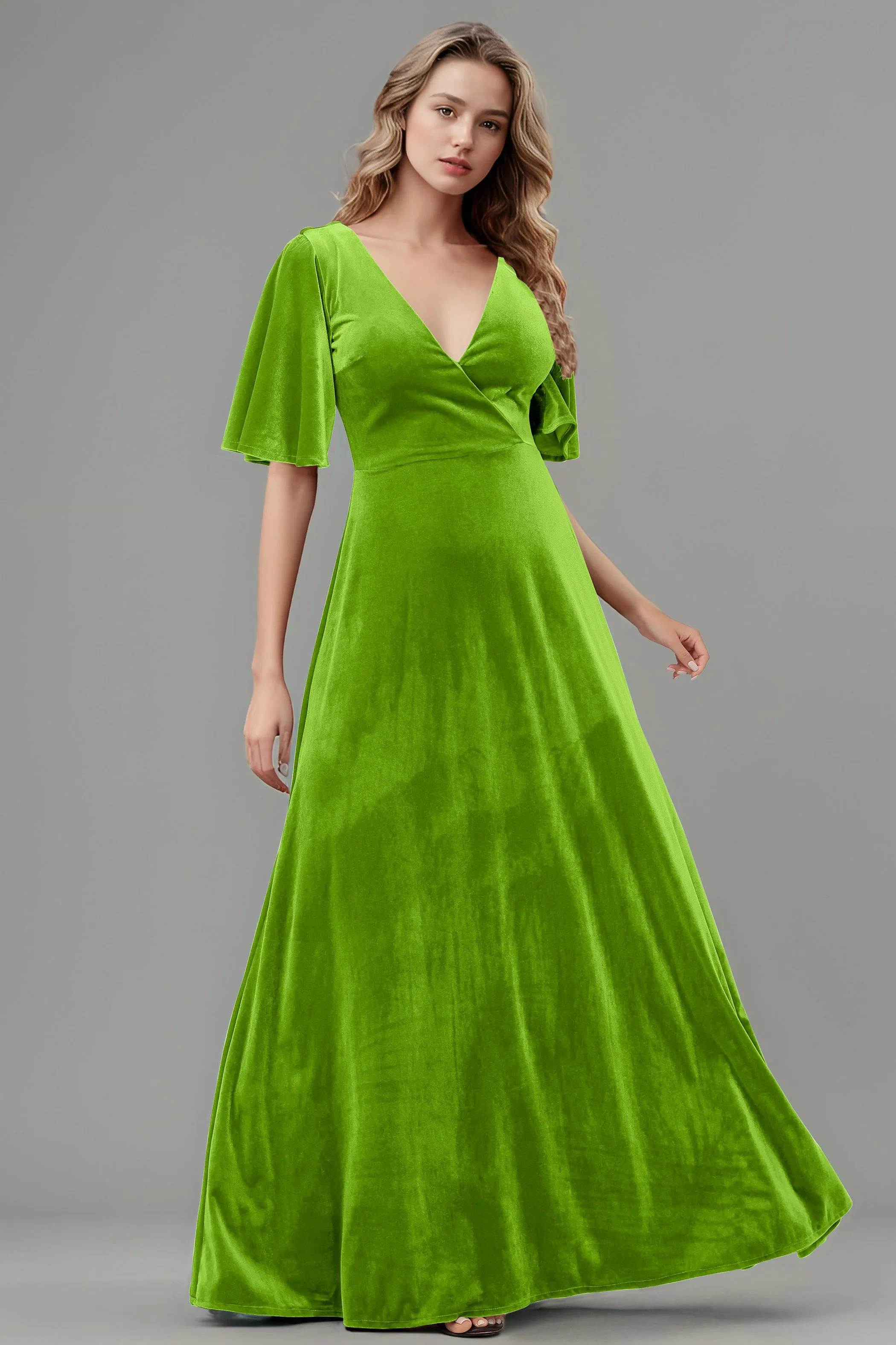 Simple V-Neck A-Line Short Sleeves Floor Length Velvet Bridesmaid Dresses