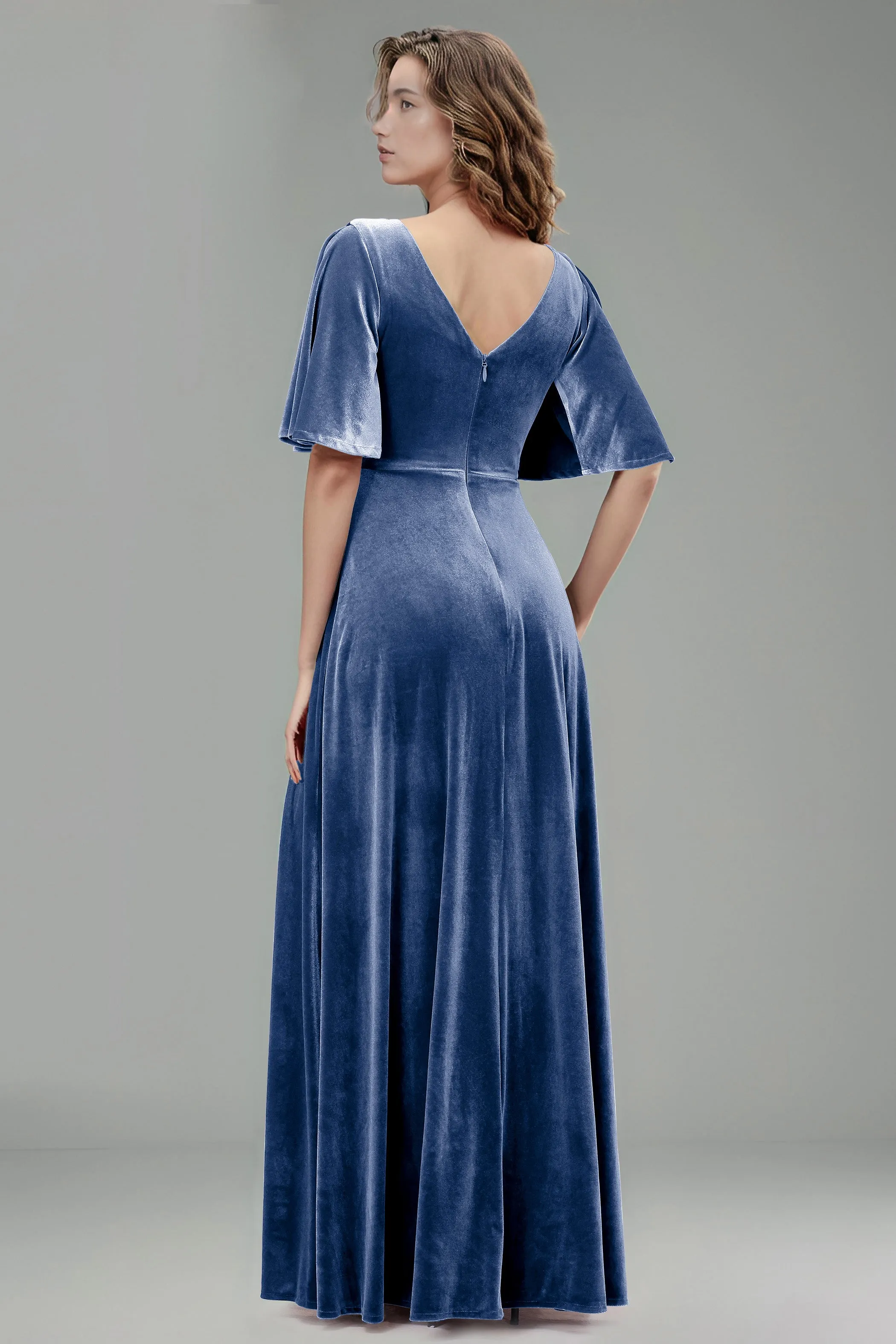 Simple V-Neck A-Line Short Sleeves Floor Length Velvet Bridesmaid Dresses