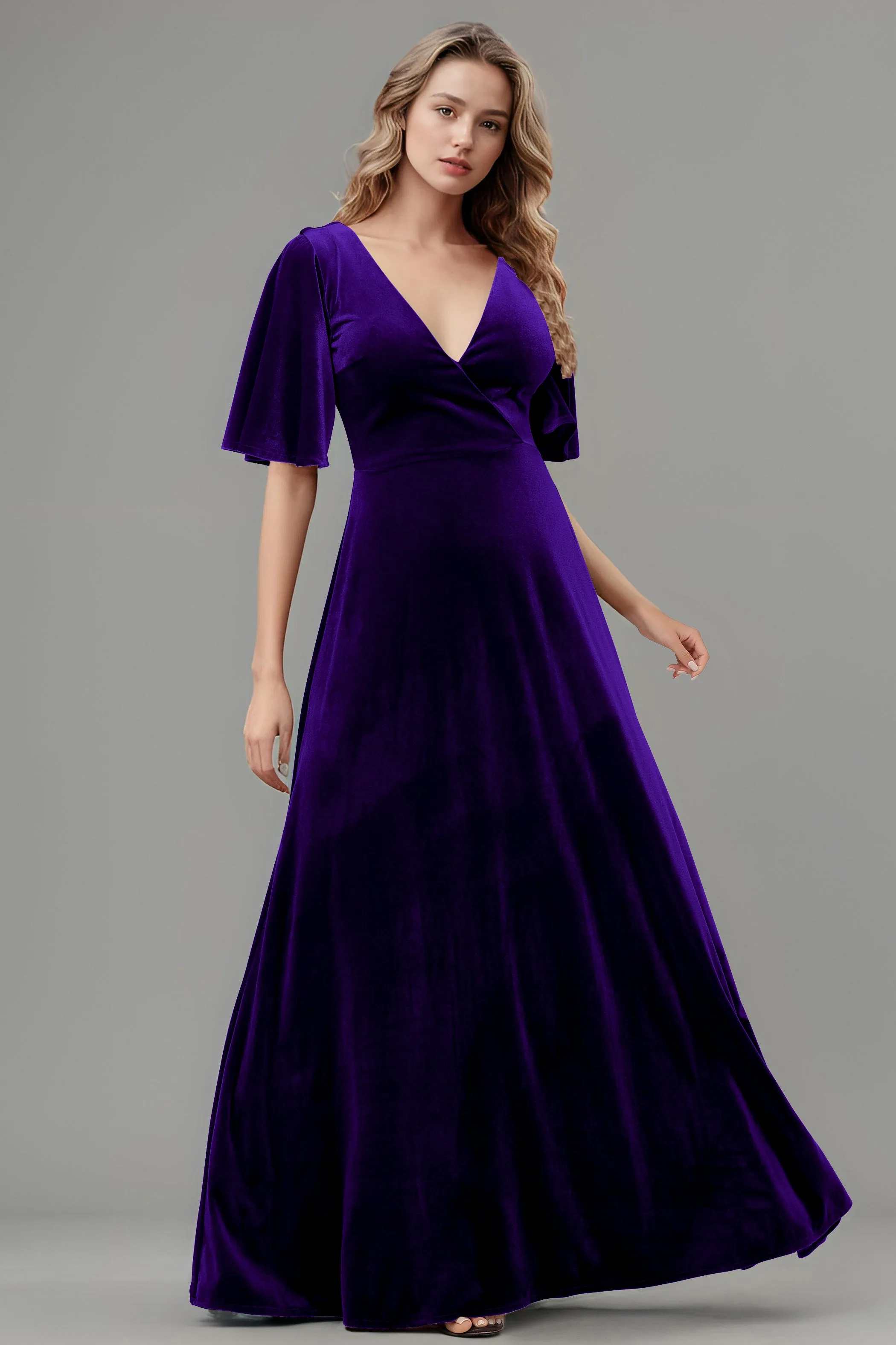 Simple V-Neck A-Line Short Sleeves Floor Length Velvet Bridesmaid Dresses