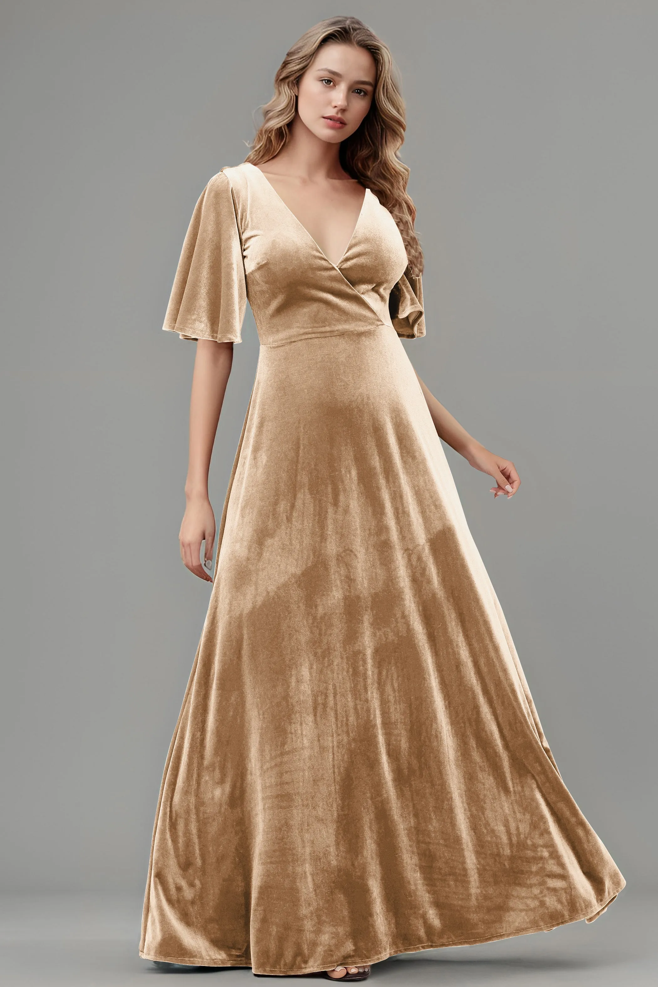 Simple V-Neck A-Line Short Sleeves Floor Length Velvet Bridesmaid Dresses