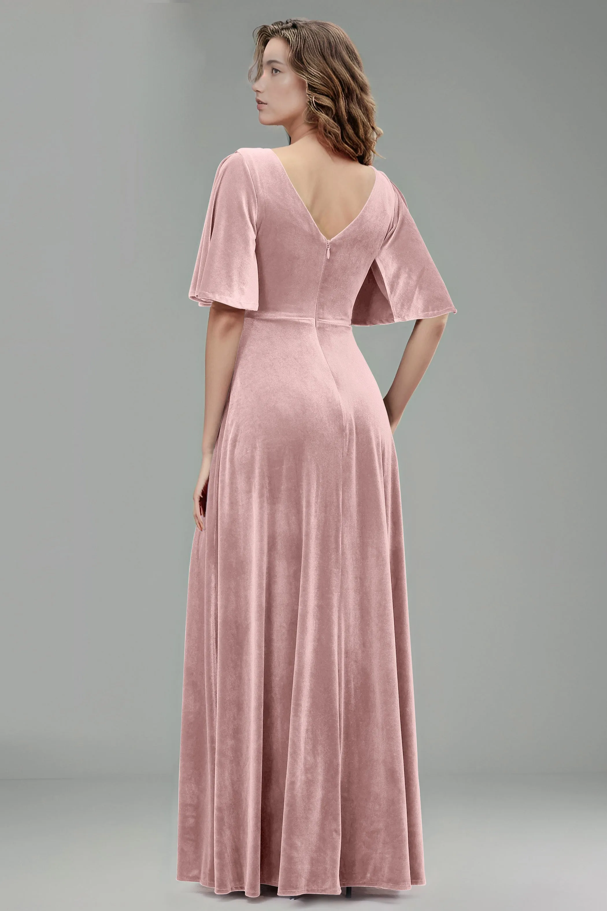 Simple V-Neck A-Line Short Sleeves Floor Length Velvet Bridesmaid Dresses