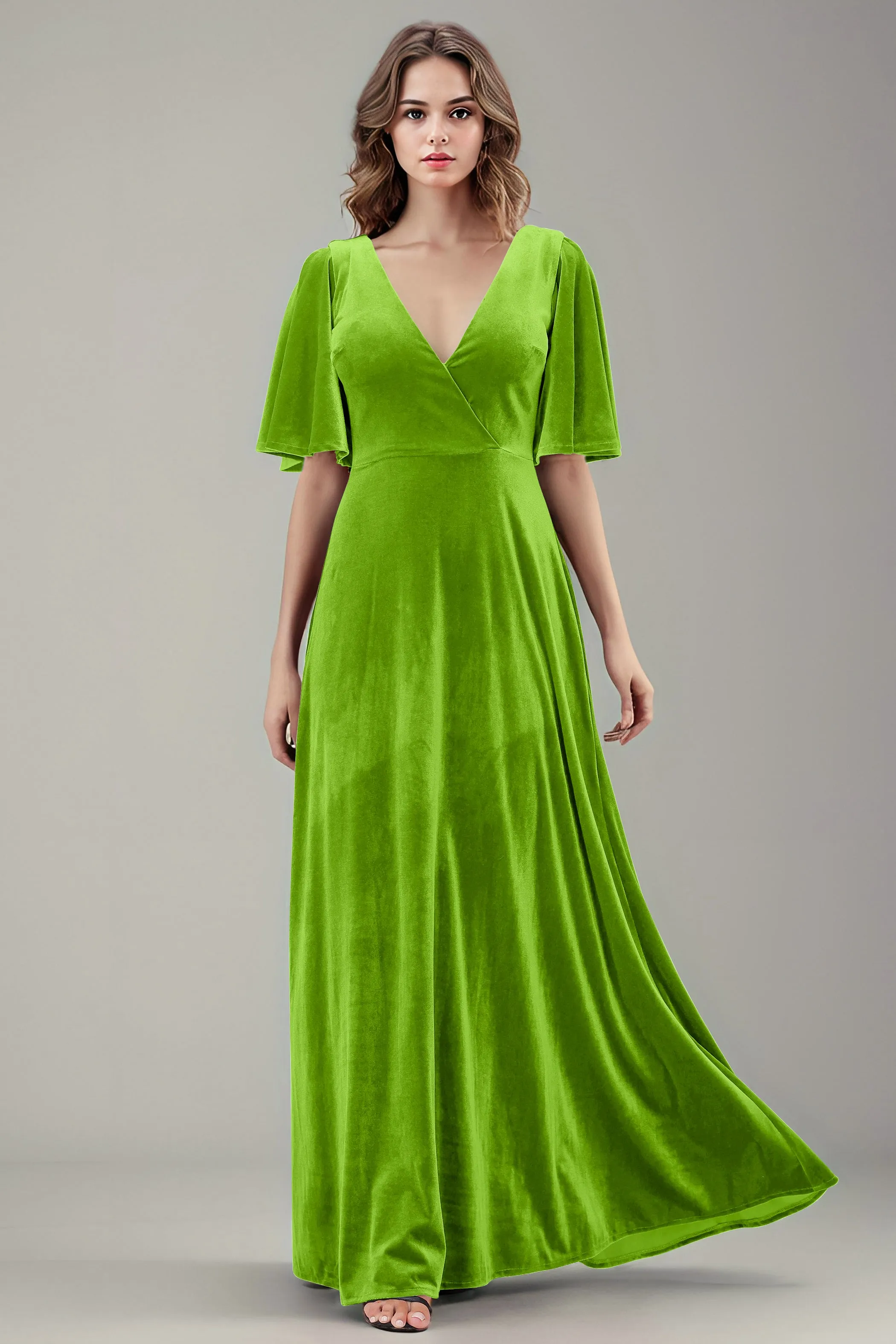 Simple V-Neck A-Line Short Sleeves Floor Length Velvet Bridesmaid Dresses