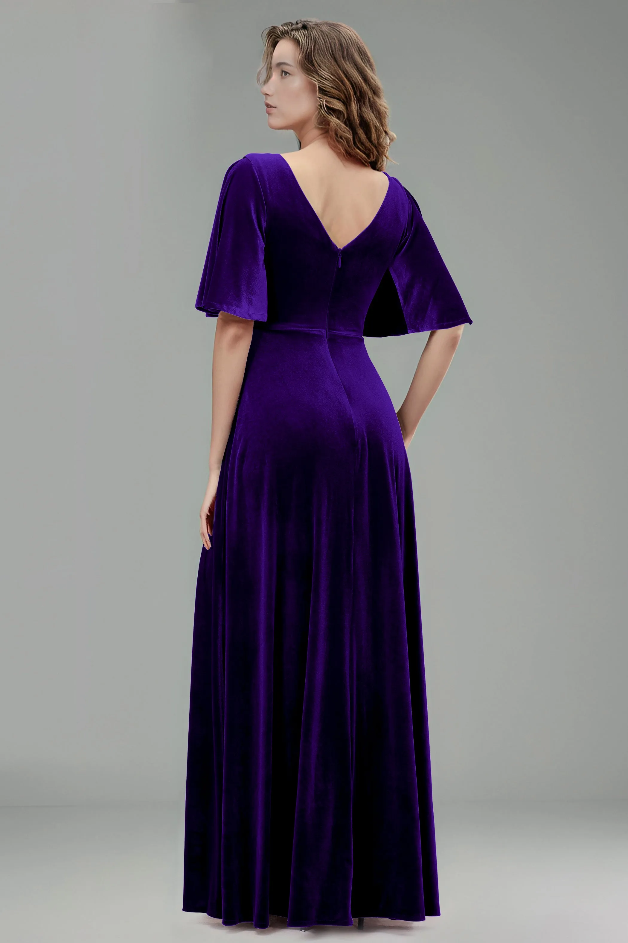 Simple V-Neck A-Line Short Sleeves Floor Length Velvet Bridesmaid Dresses