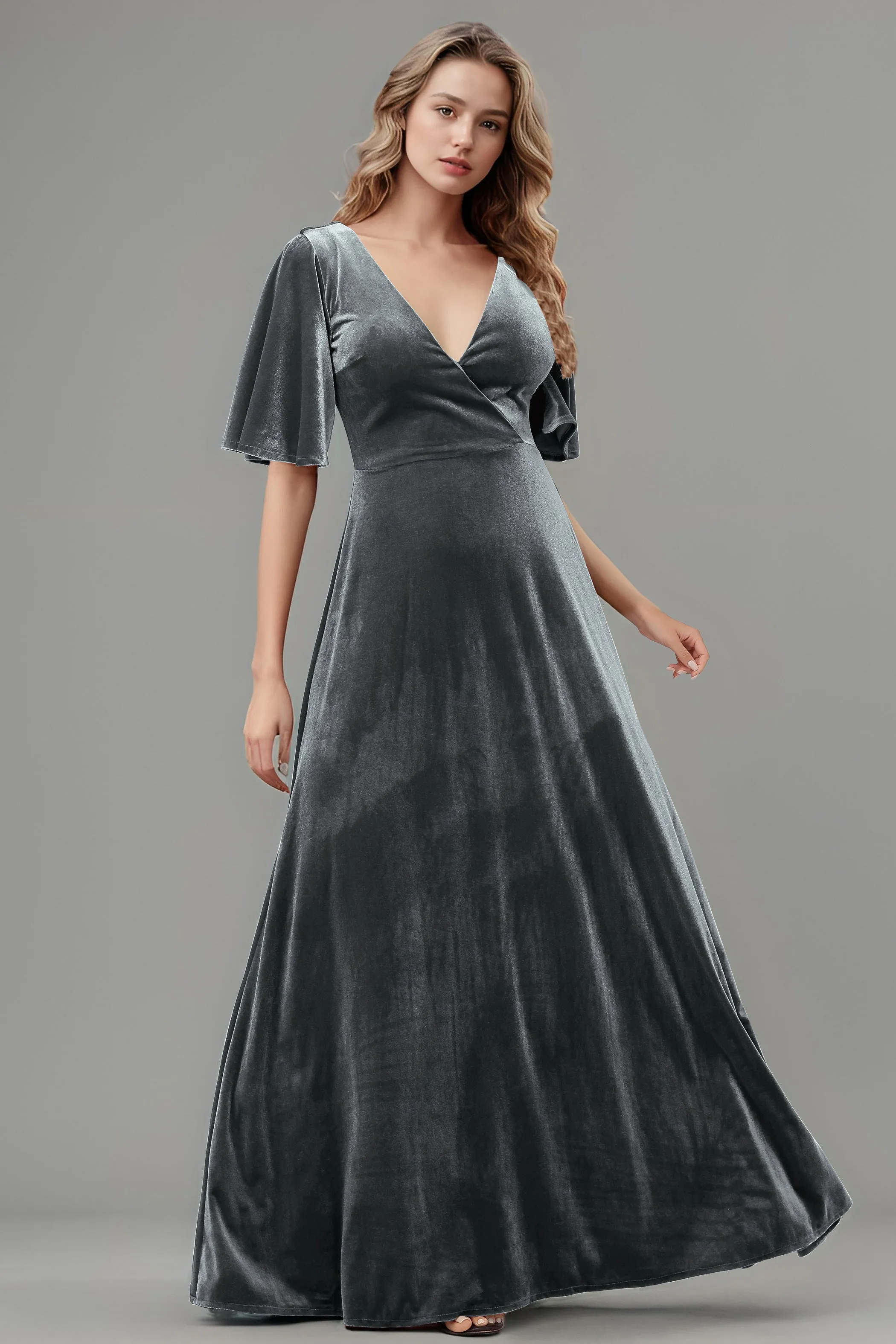 Simple V-Neck A-Line Short Sleeves Floor Length Velvet Bridesmaid Dresses