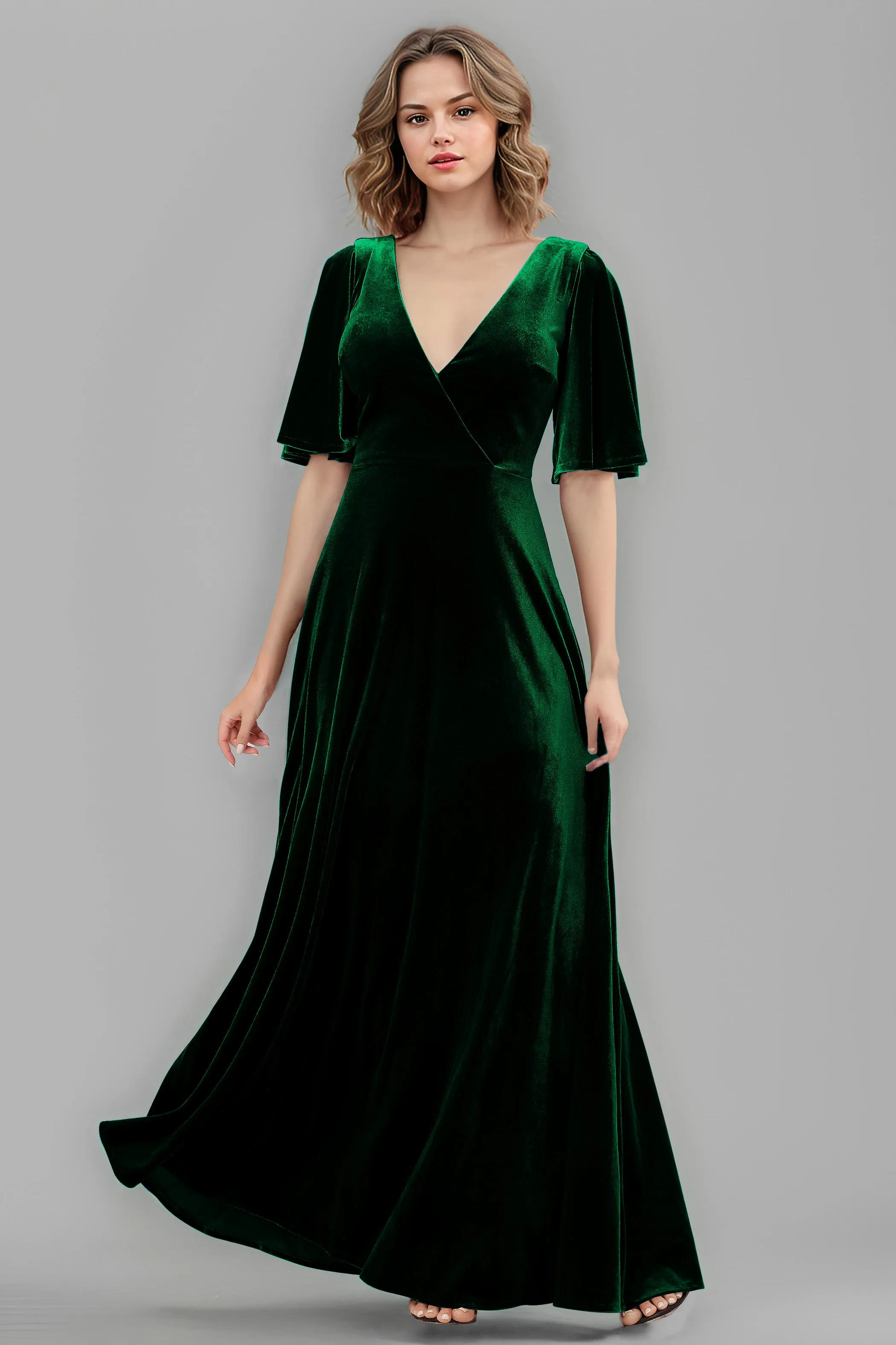 Simple V-Neck A-Line Short Sleeves Floor Length Velvet Bridesmaid Dresses