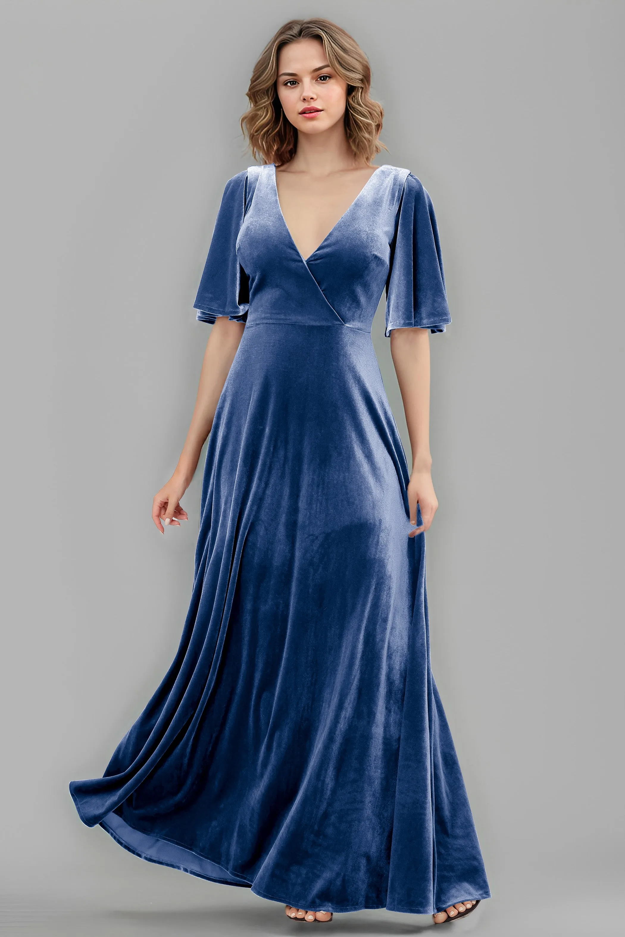 Simple V-Neck A-Line Short Sleeves Floor Length Velvet Bridesmaid Dresses