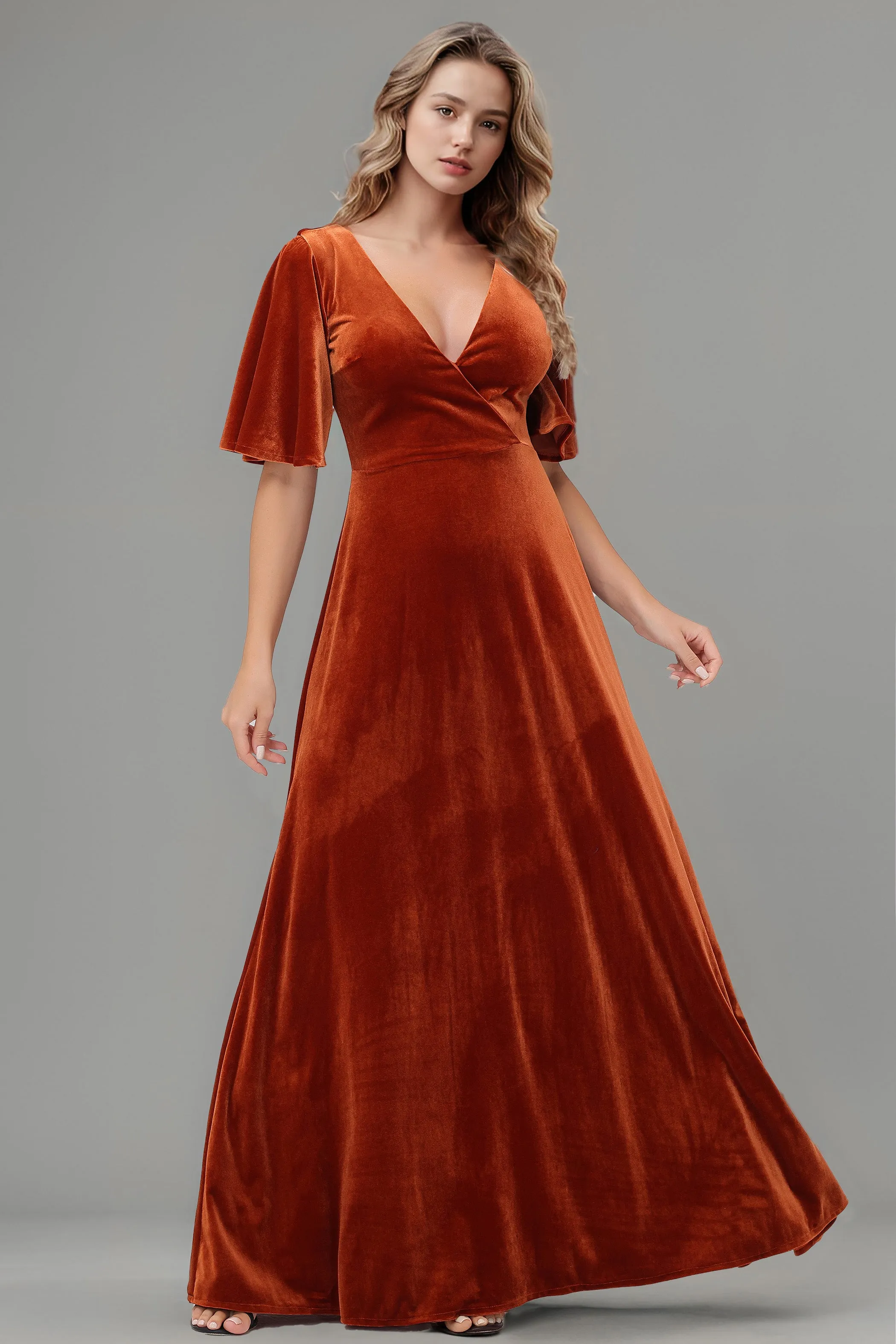 Simple V-Neck A-Line Short Sleeves Floor Length Velvet Bridesmaid Dresses