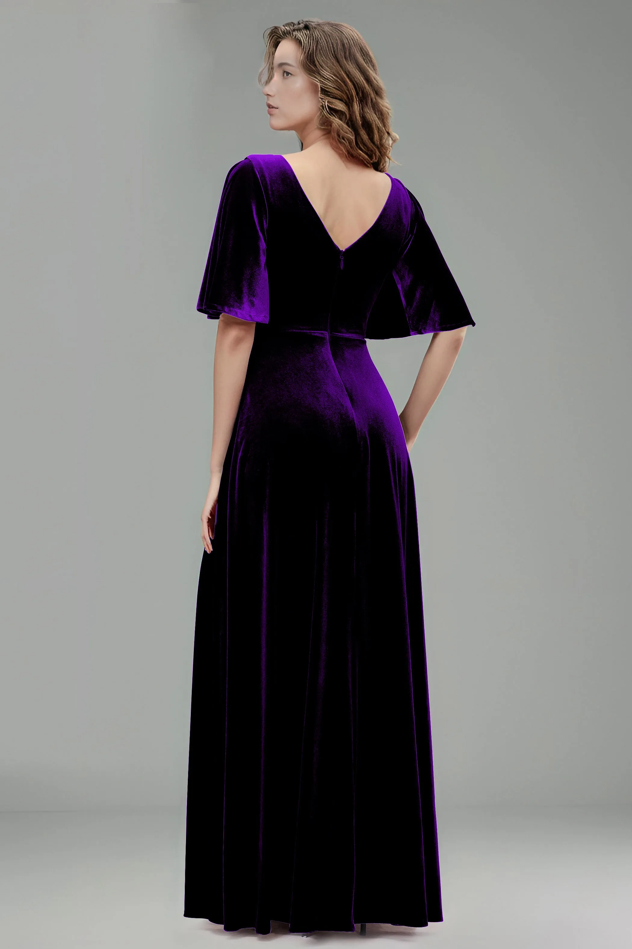 Simple V-Neck A-Line Short Sleeves Floor Length Velvet Bridesmaid Dresses