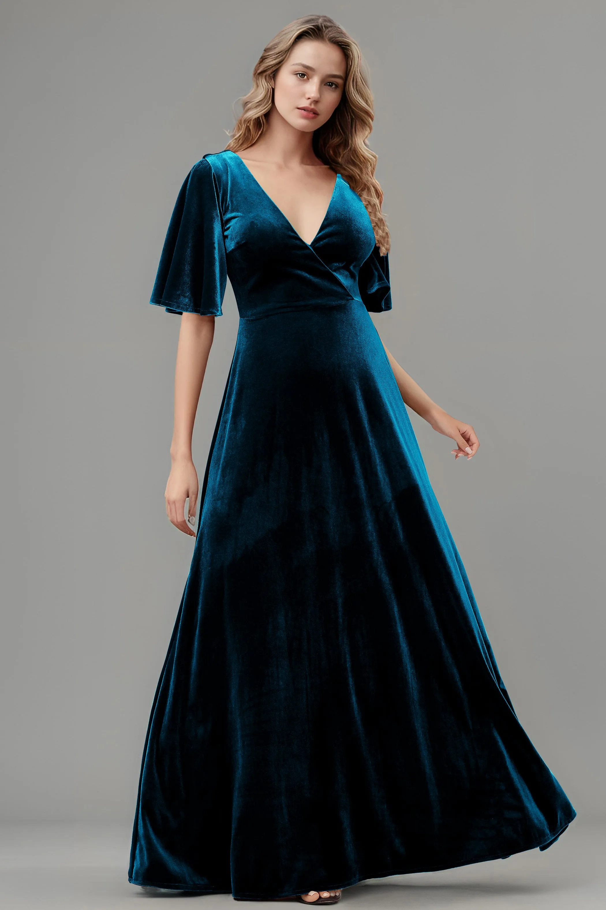 Simple V-Neck A-Line Short Sleeves Floor Length Velvet Bridesmaid Dresses