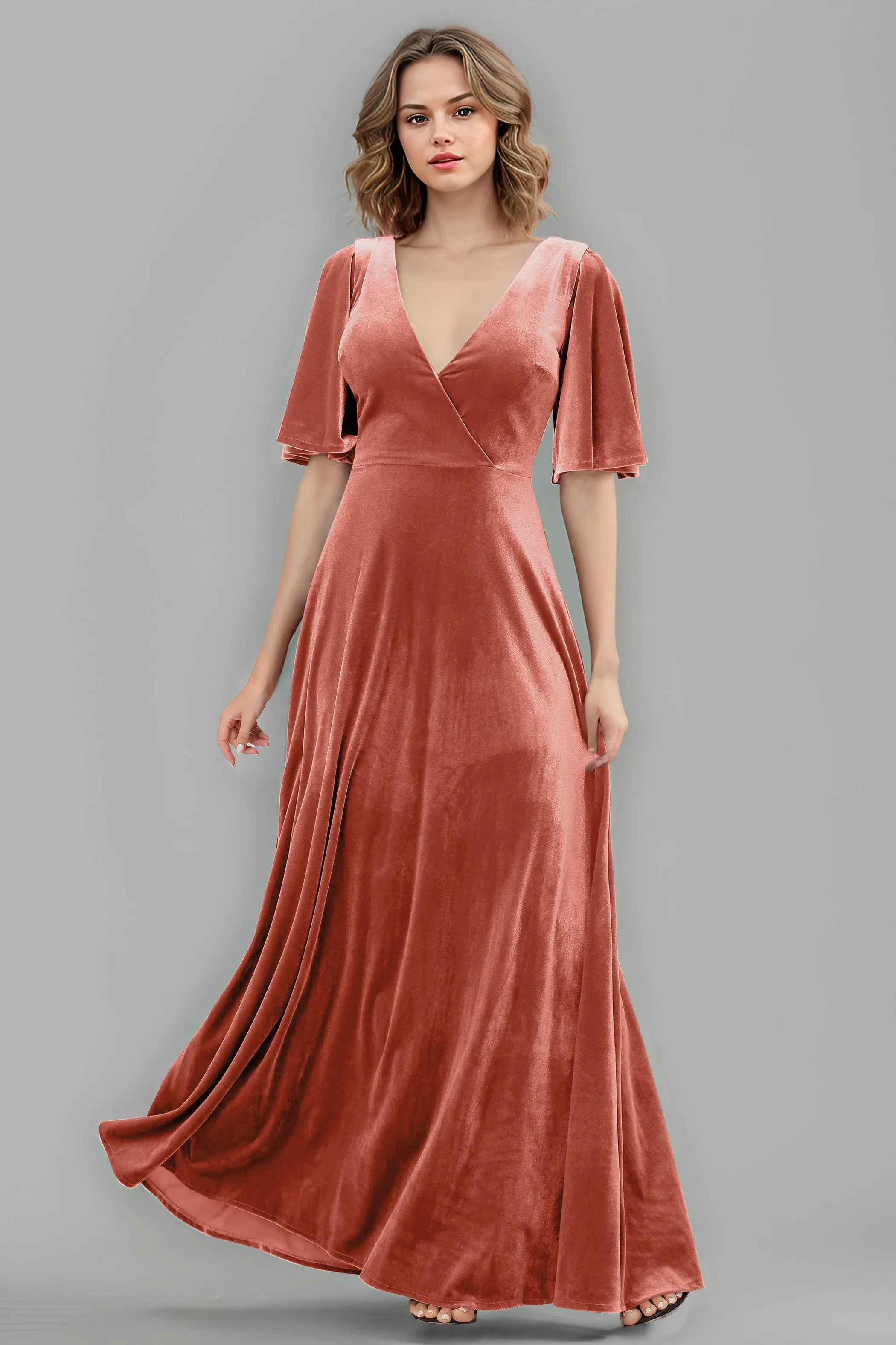 Simple V-Neck A-Line Short Sleeves Floor Length Velvet Bridesmaid Dresses