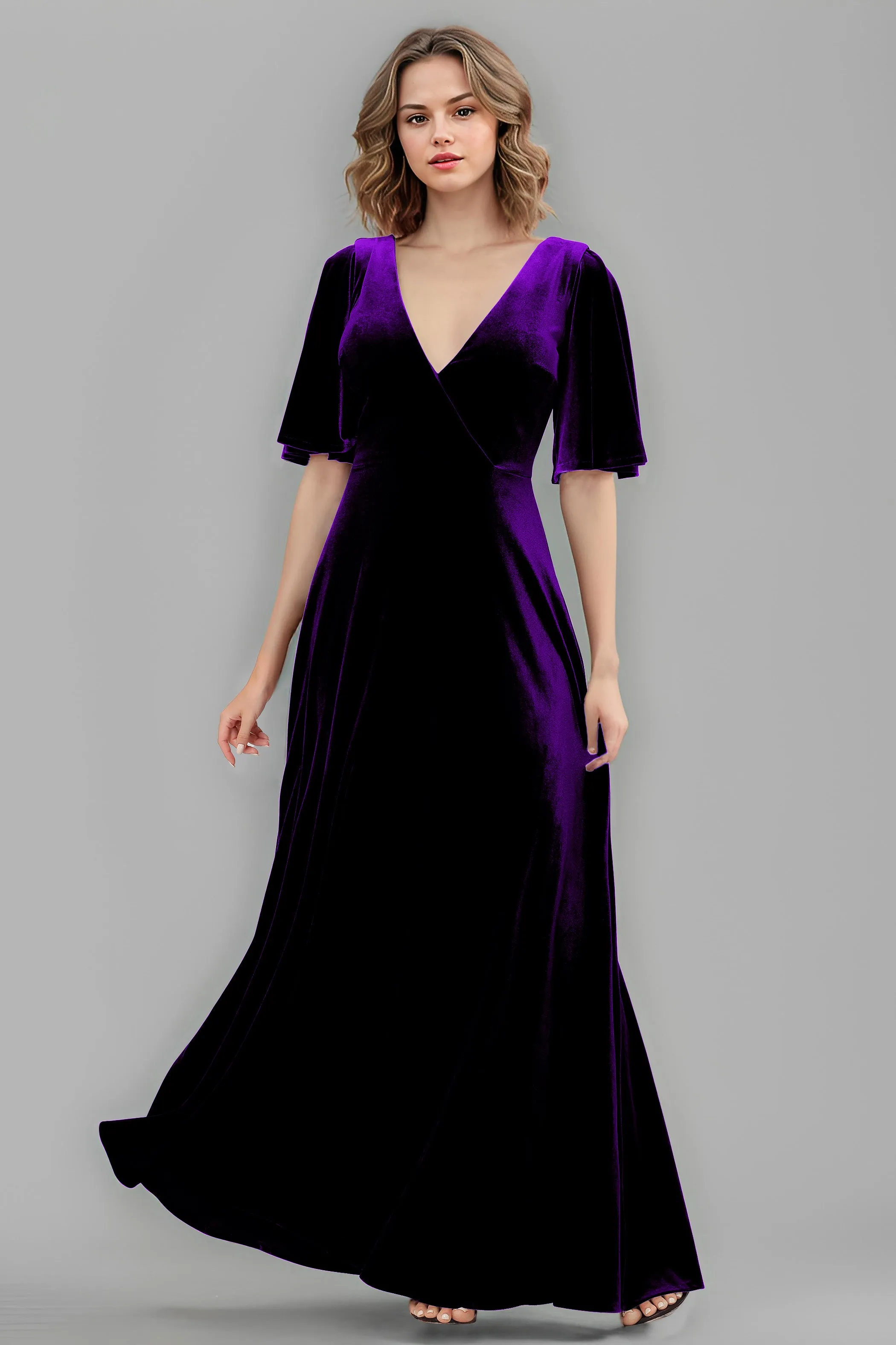 Simple V-Neck A-Line Short Sleeves Floor Length Velvet Bridesmaid Dresses