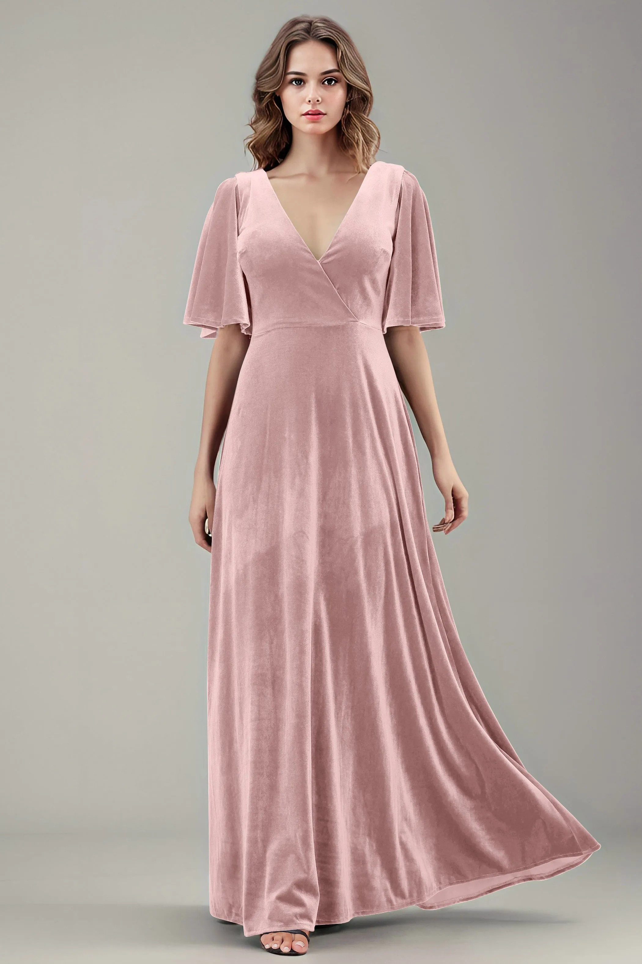 Simple V-Neck A-Line Short Sleeves Floor Length Velvet Bridesmaid Dresses