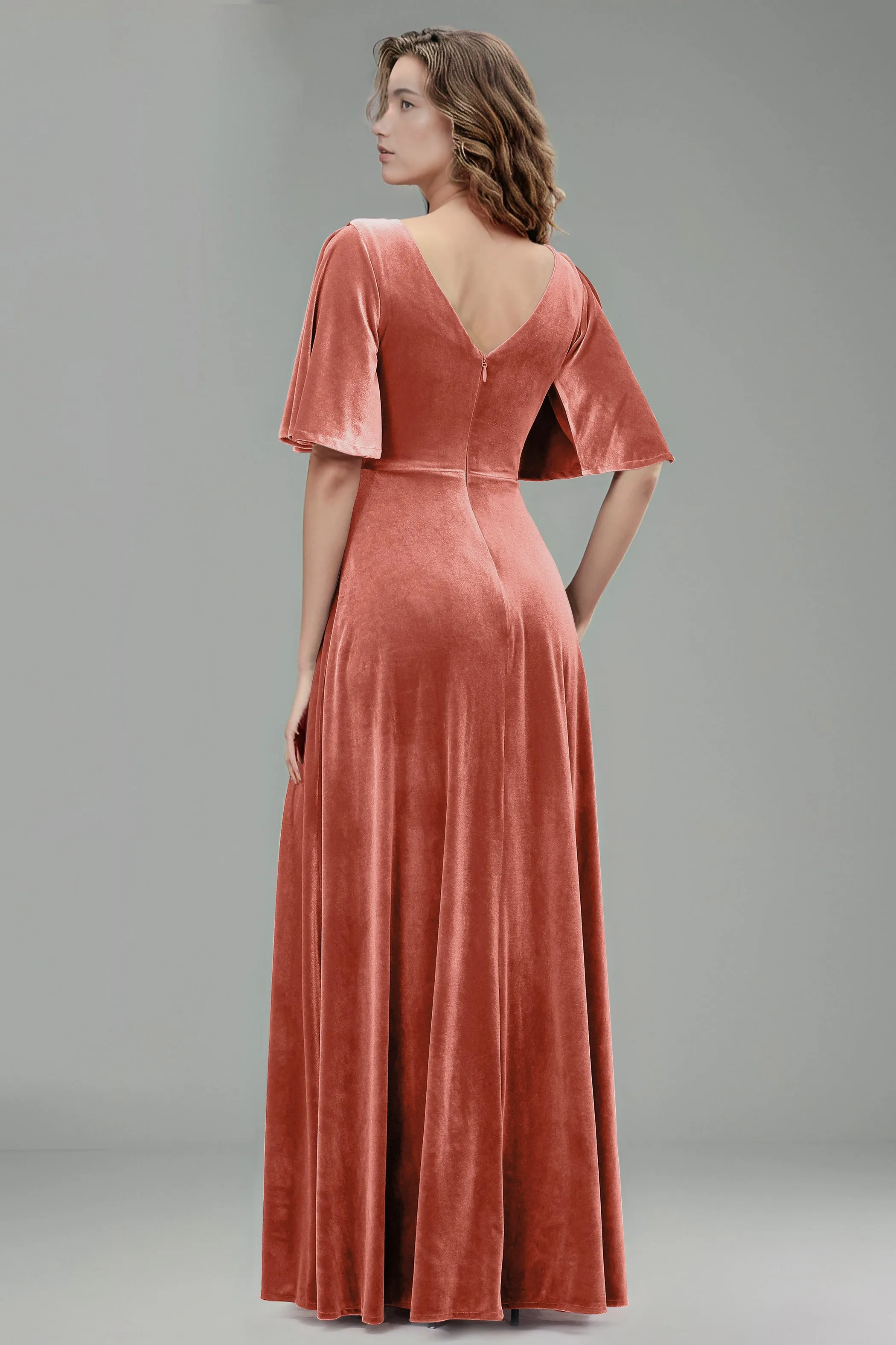 Simple V-Neck A-Line Short Sleeves Floor Length Velvet Bridesmaid Dresses