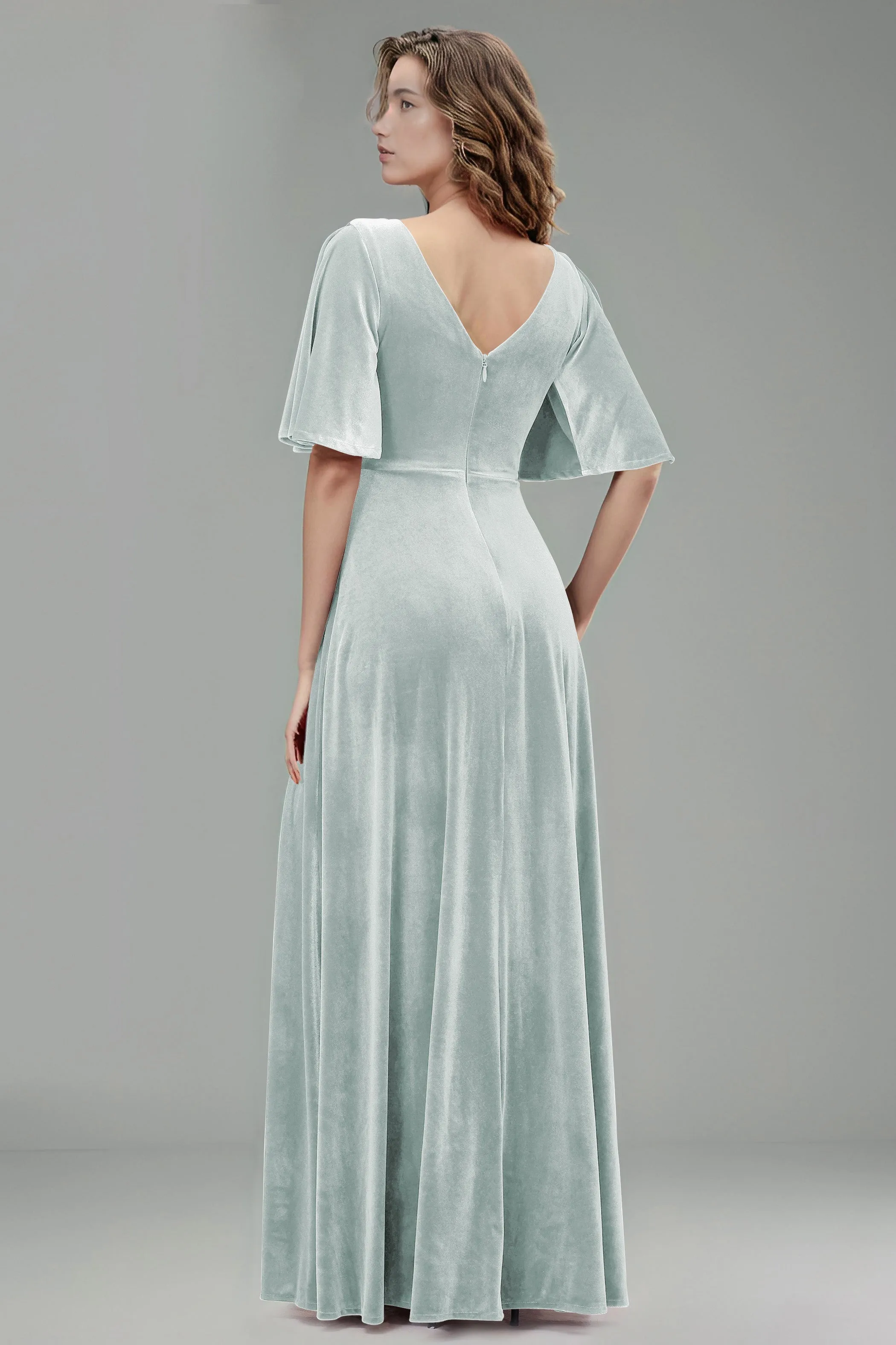 Simple V-Neck A-Line Short Sleeves Floor Length Velvet Bridesmaid Dresses