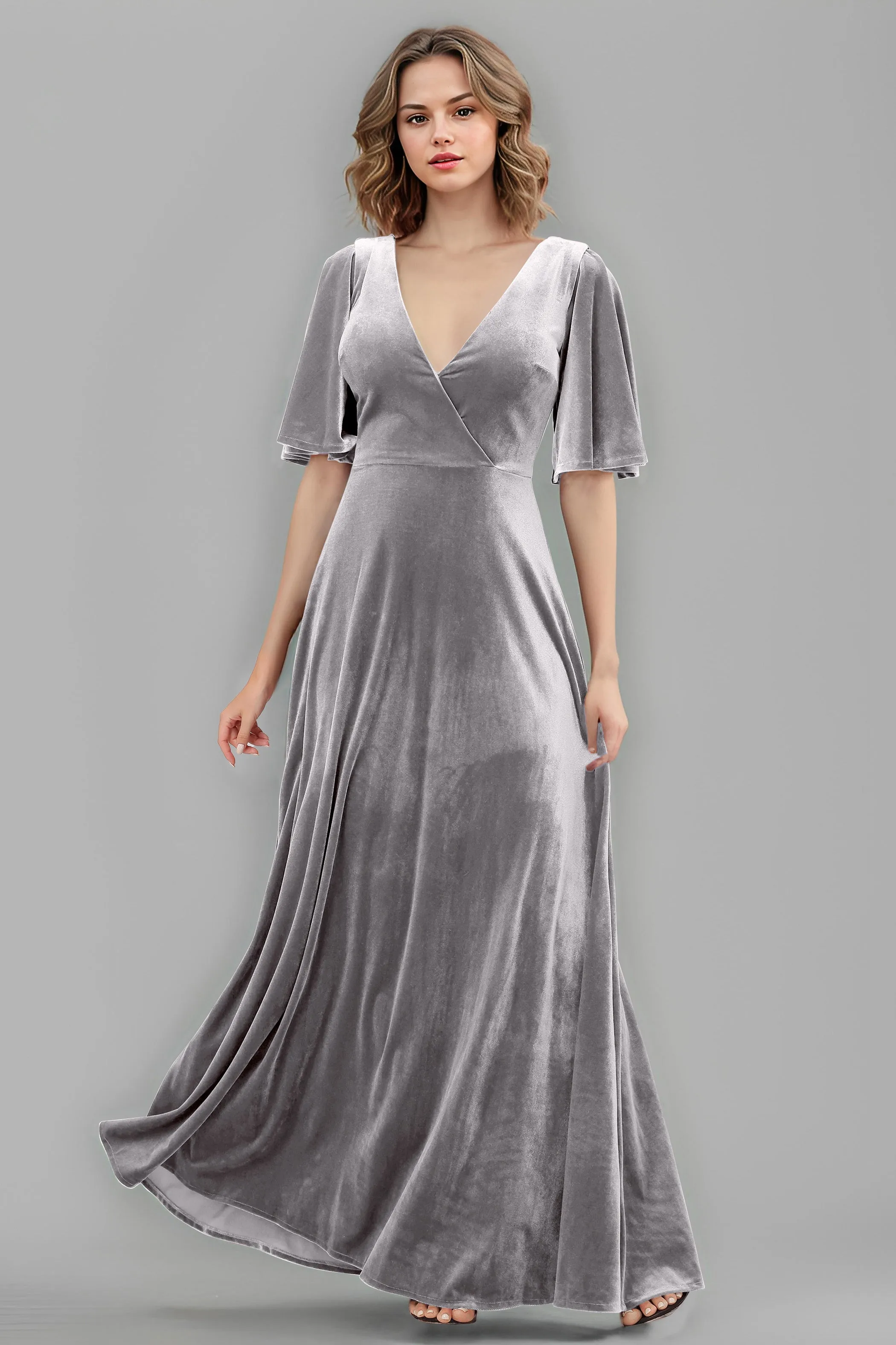 Simple V-Neck A-Line Short Sleeves Floor Length Velvet Bridesmaid Dresses