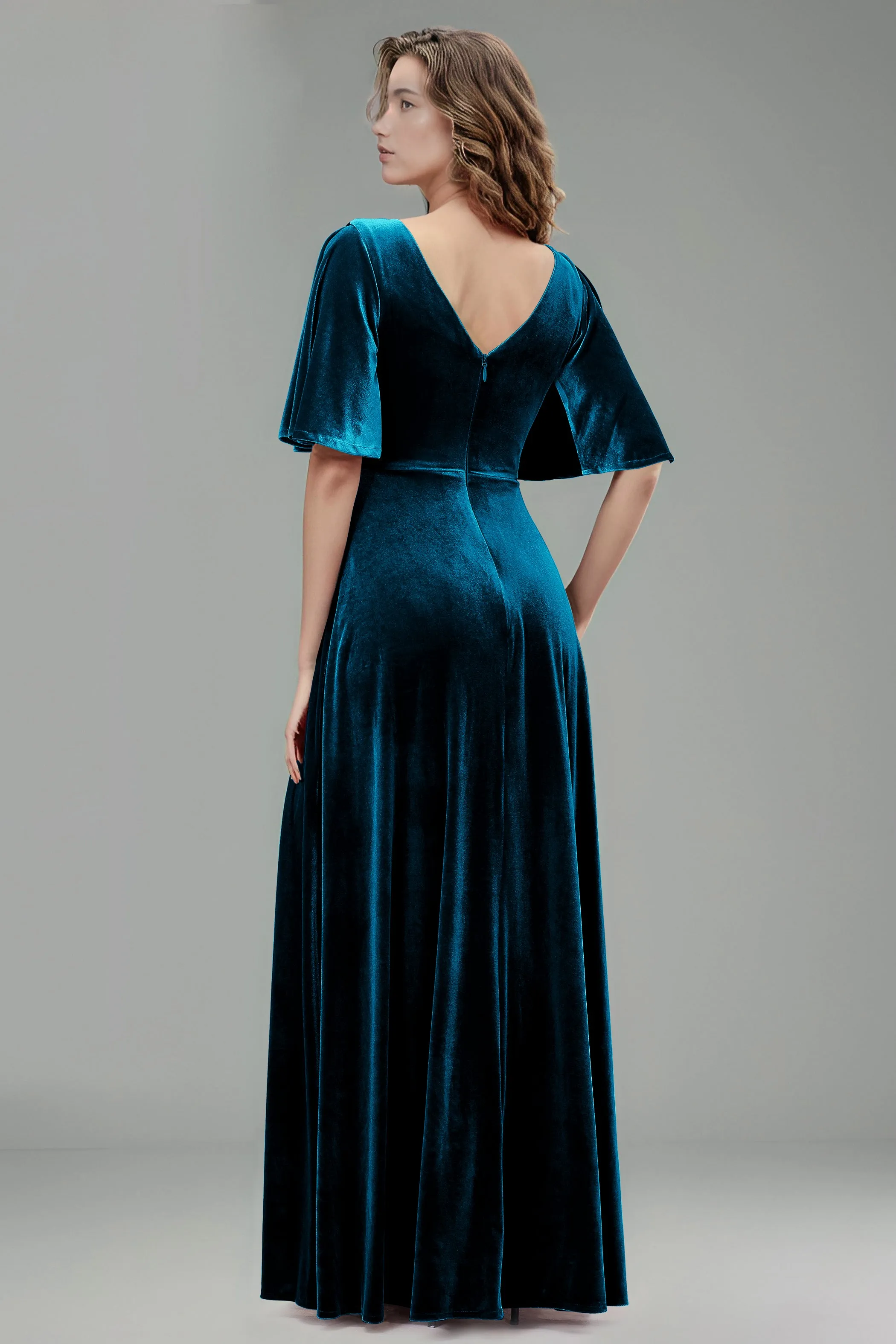 Simple V-Neck A-Line Short Sleeves Floor Length Velvet Bridesmaid Dresses