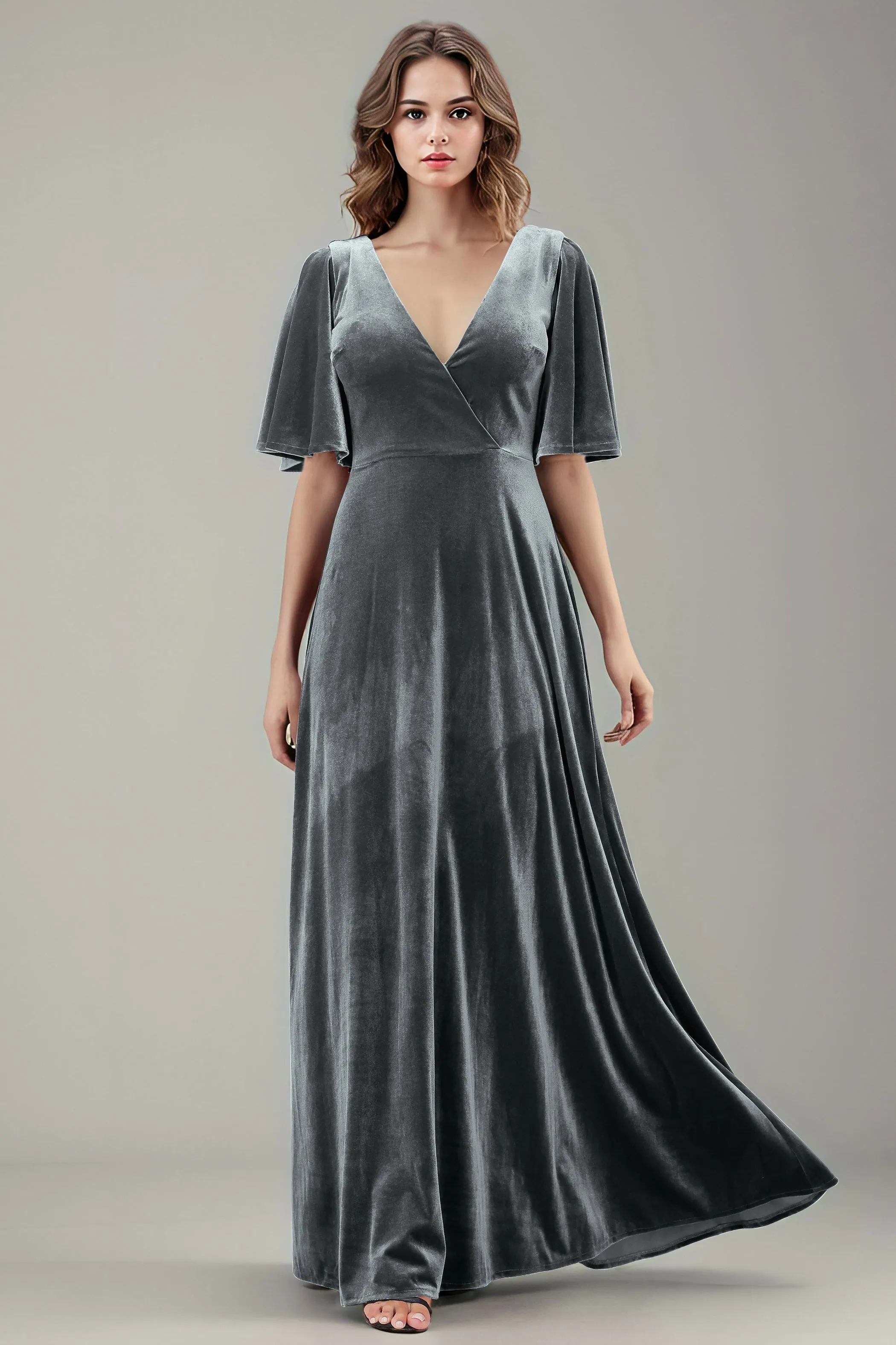 Simple V-Neck A-Line Short Sleeves Floor Length Velvet Bridesmaid Dresses