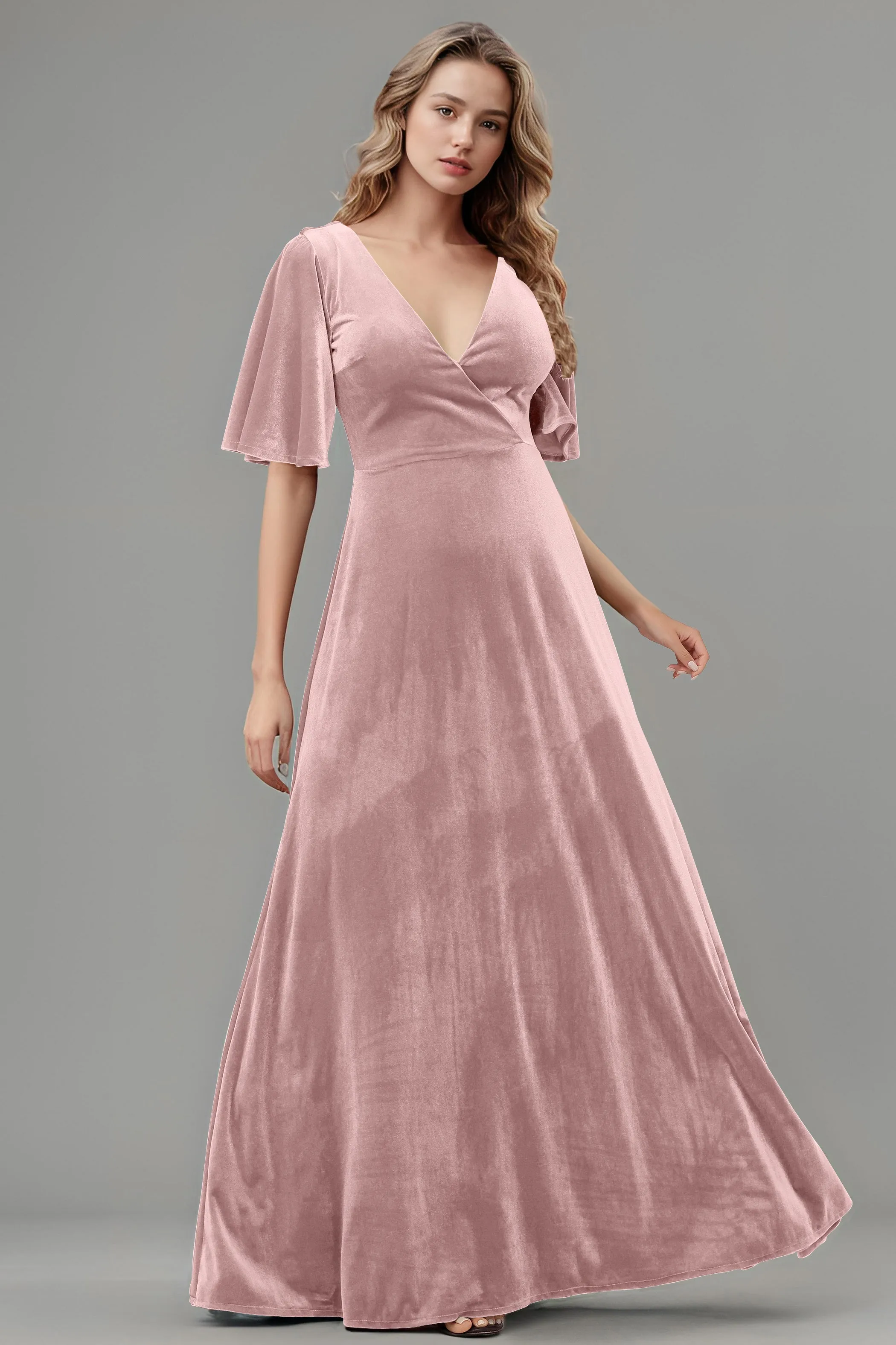 Simple V-Neck A-Line Short Sleeves Floor Length Velvet Bridesmaid Dresses