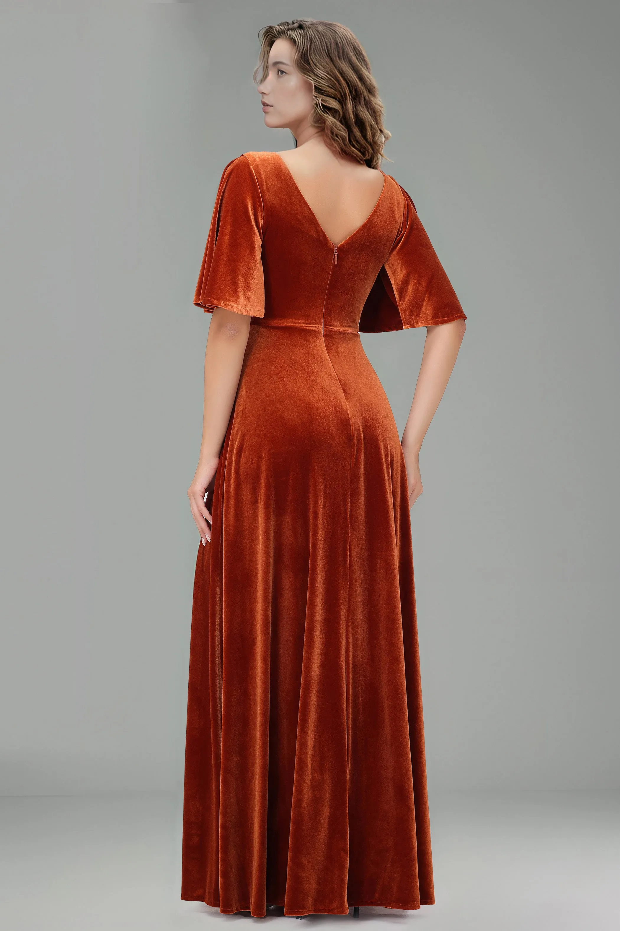 Simple V-Neck A-Line Short Sleeves Floor Length Velvet Bridesmaid Dresses