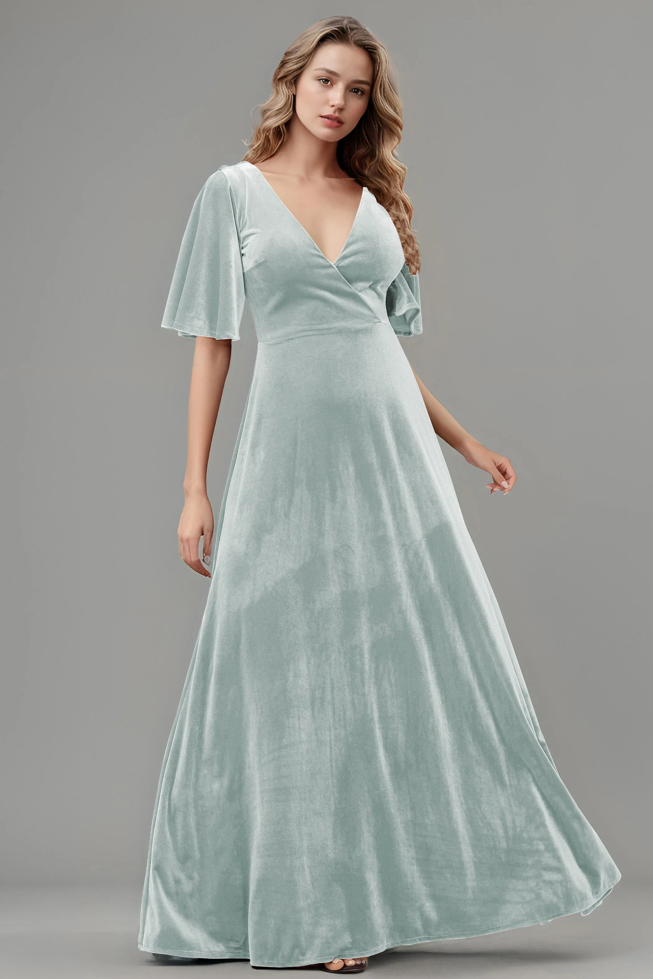 Simple V-Neck A-Line Short Sleeves Floor Length Velvet Bridesmaid Dresses