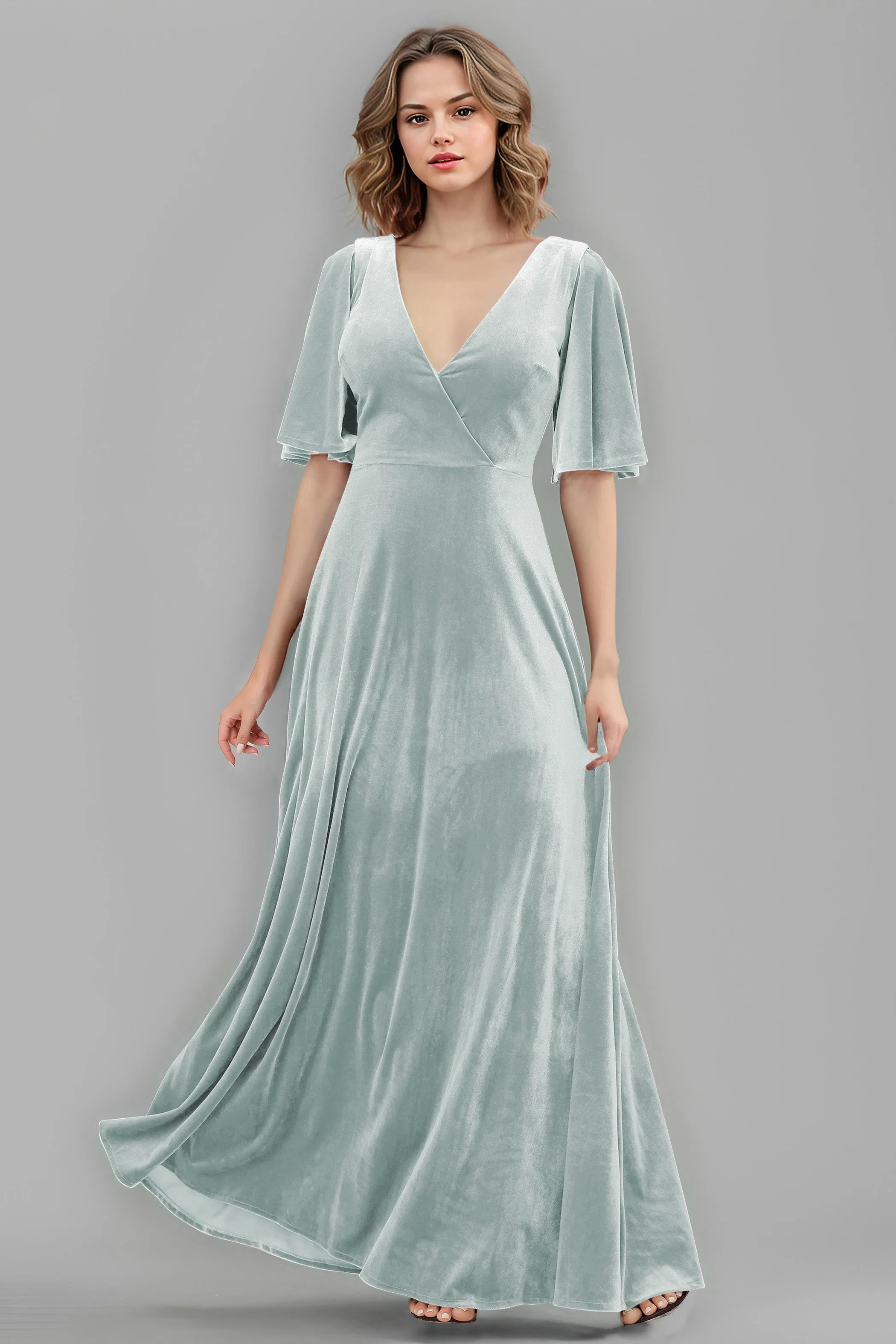 Simple V-Neck A-Line Short Sleeves Floor Length Velvet Bridesmaid Dresses