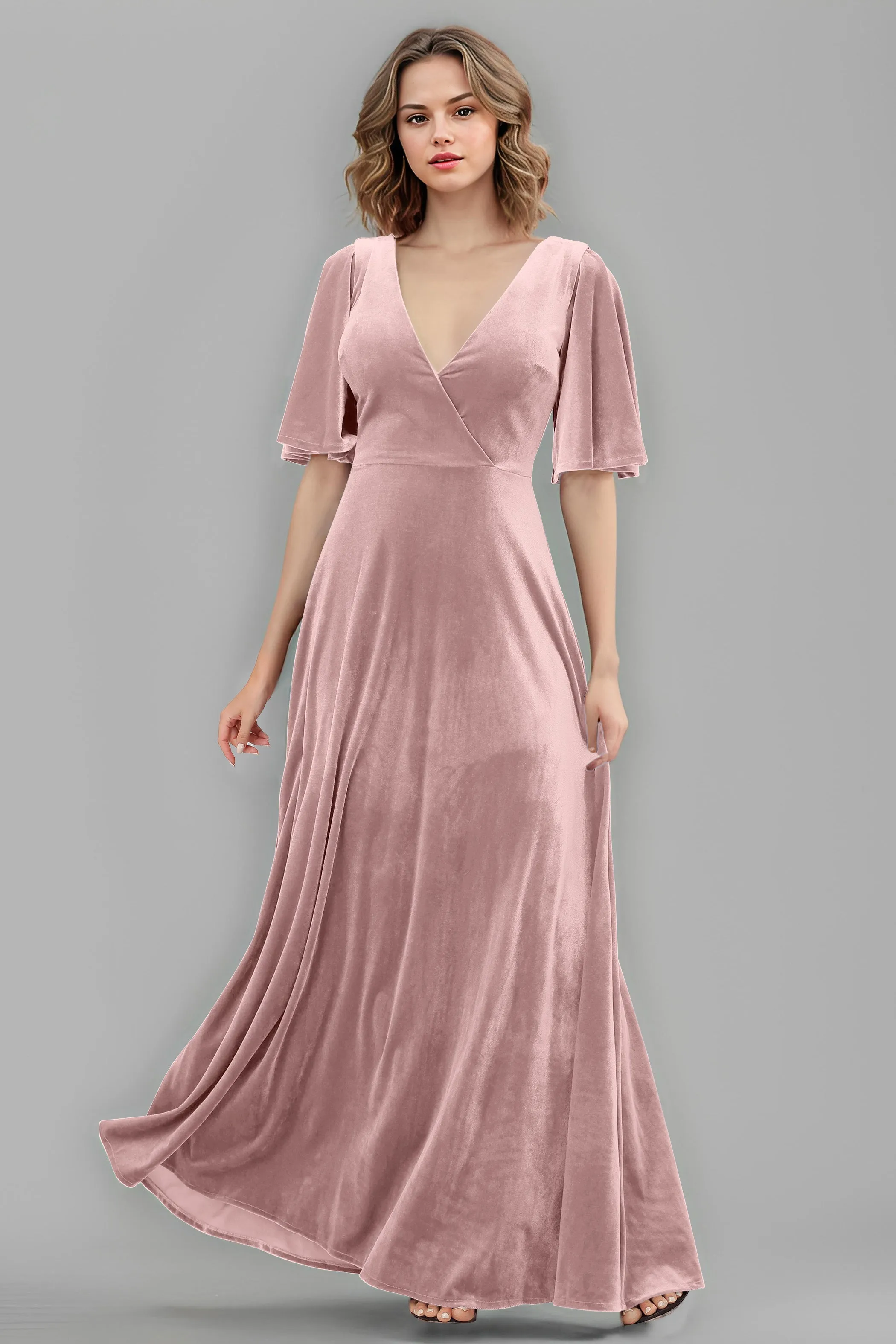 Simple V-Neck A-Line Short Sleeves Floor Length Velvet Bridesmaid Dresses