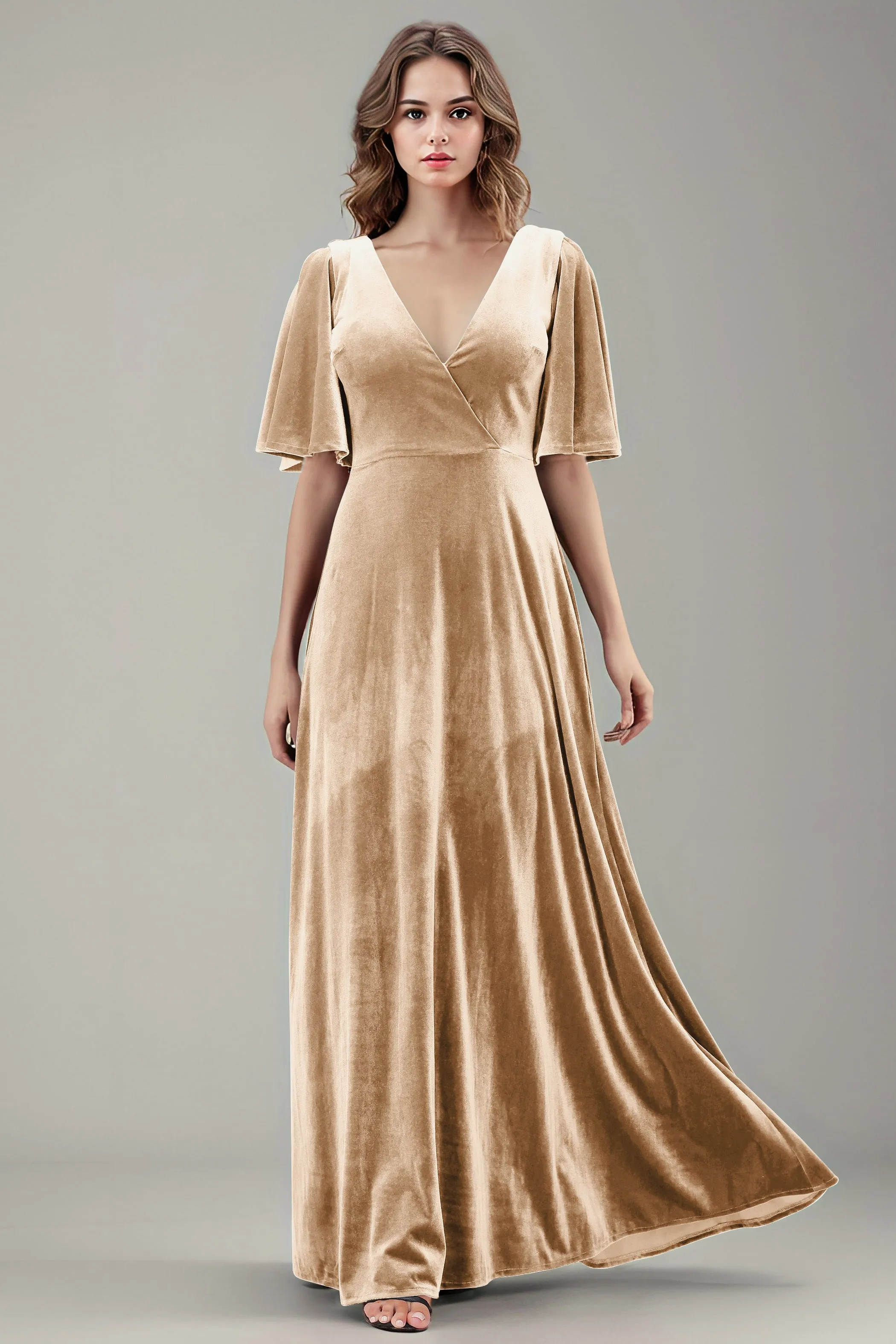 Simple V-Neck A-Line Short Sleeves Floor Length Velvet Bridesmaid Dresses