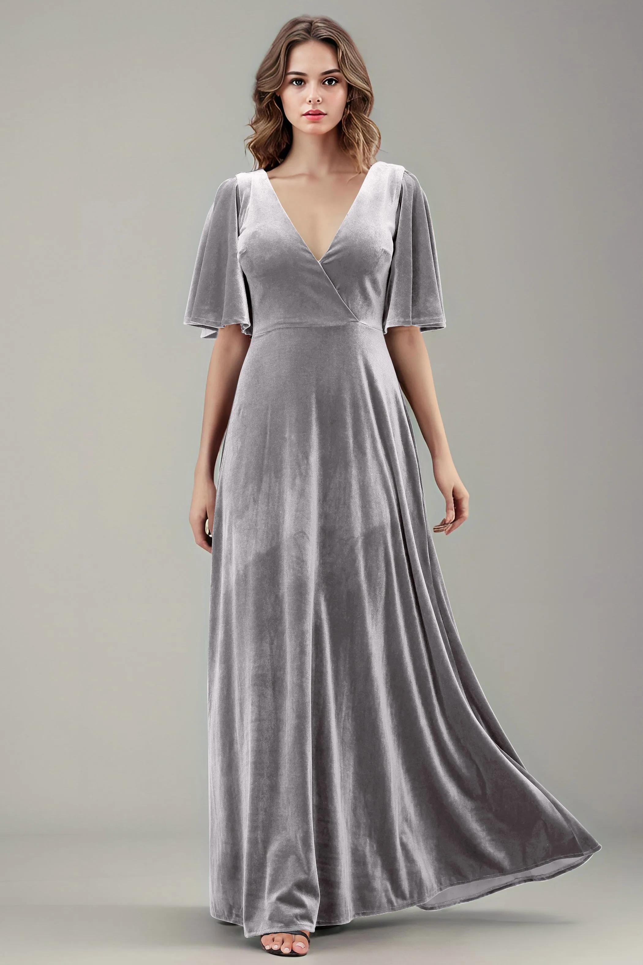 Simple V-Neck A-Line Short Sleeves Floor Length Velvet Bridesmaid Dresses