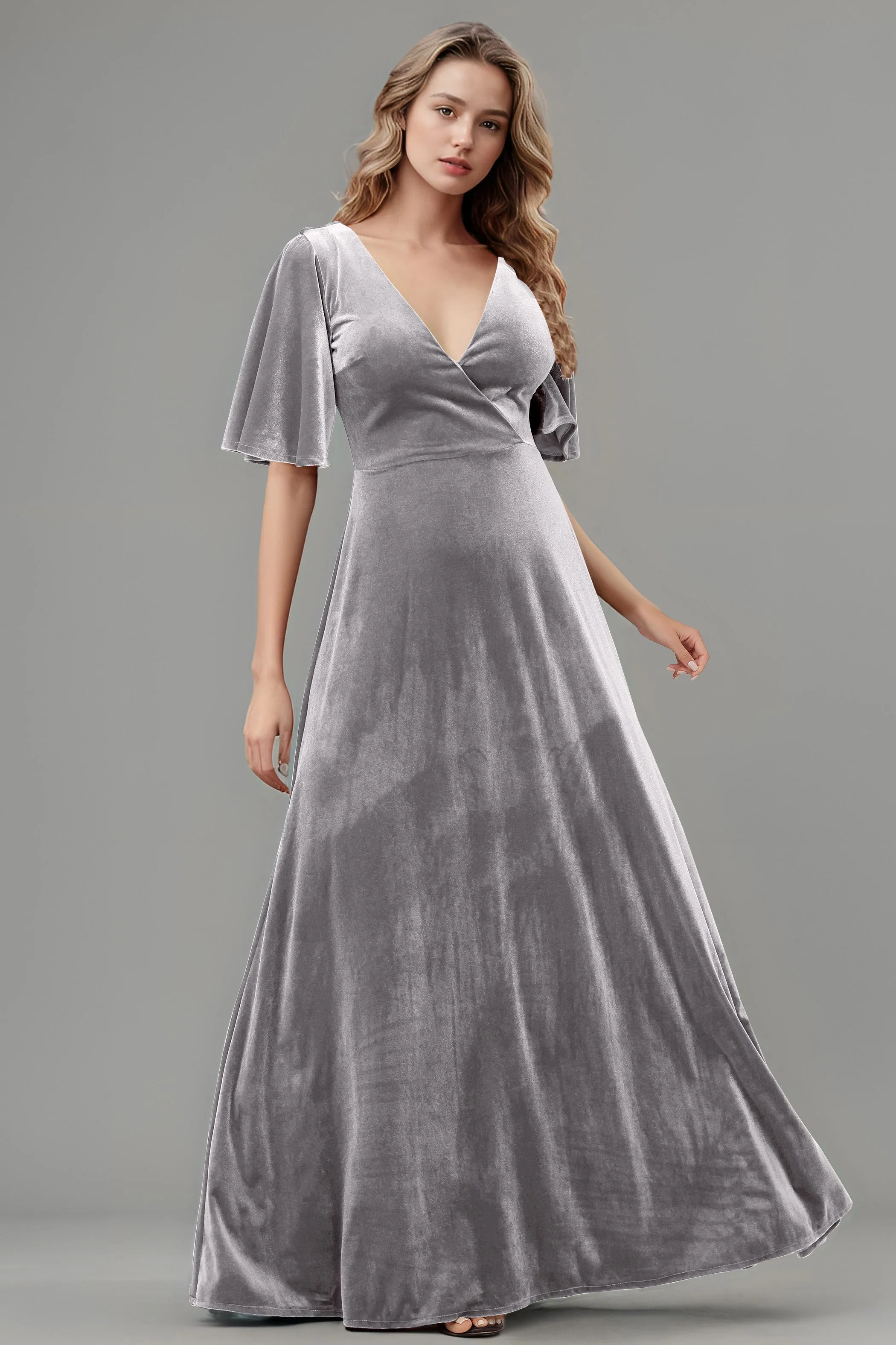 Simple V-Neck A-Line Short Sleeves Floor Length Velvet Bridesmaid Dresses