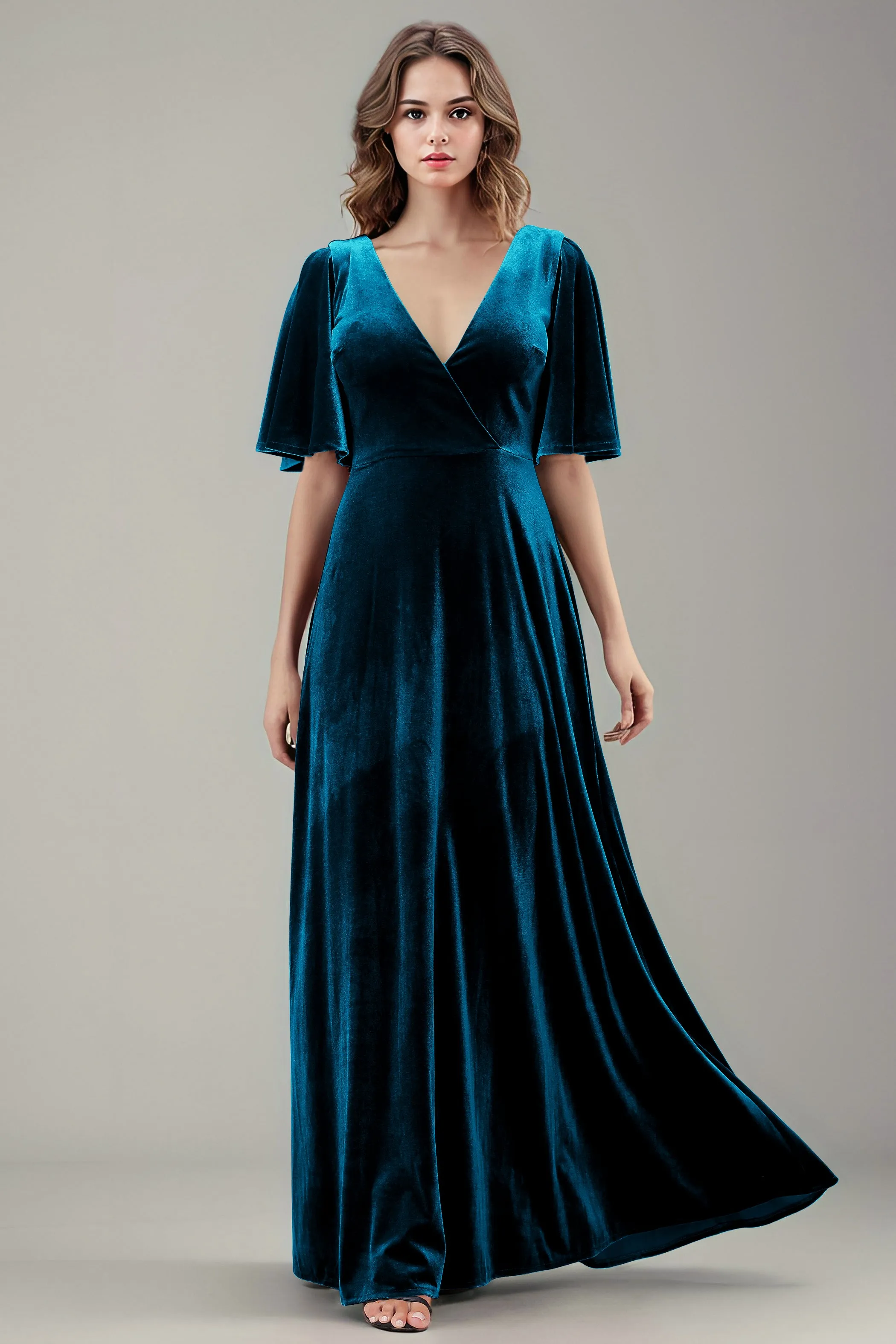 Simple V-Neck A-Line Short Sleeves Floor Length Velvet Bridesmaid Dresses