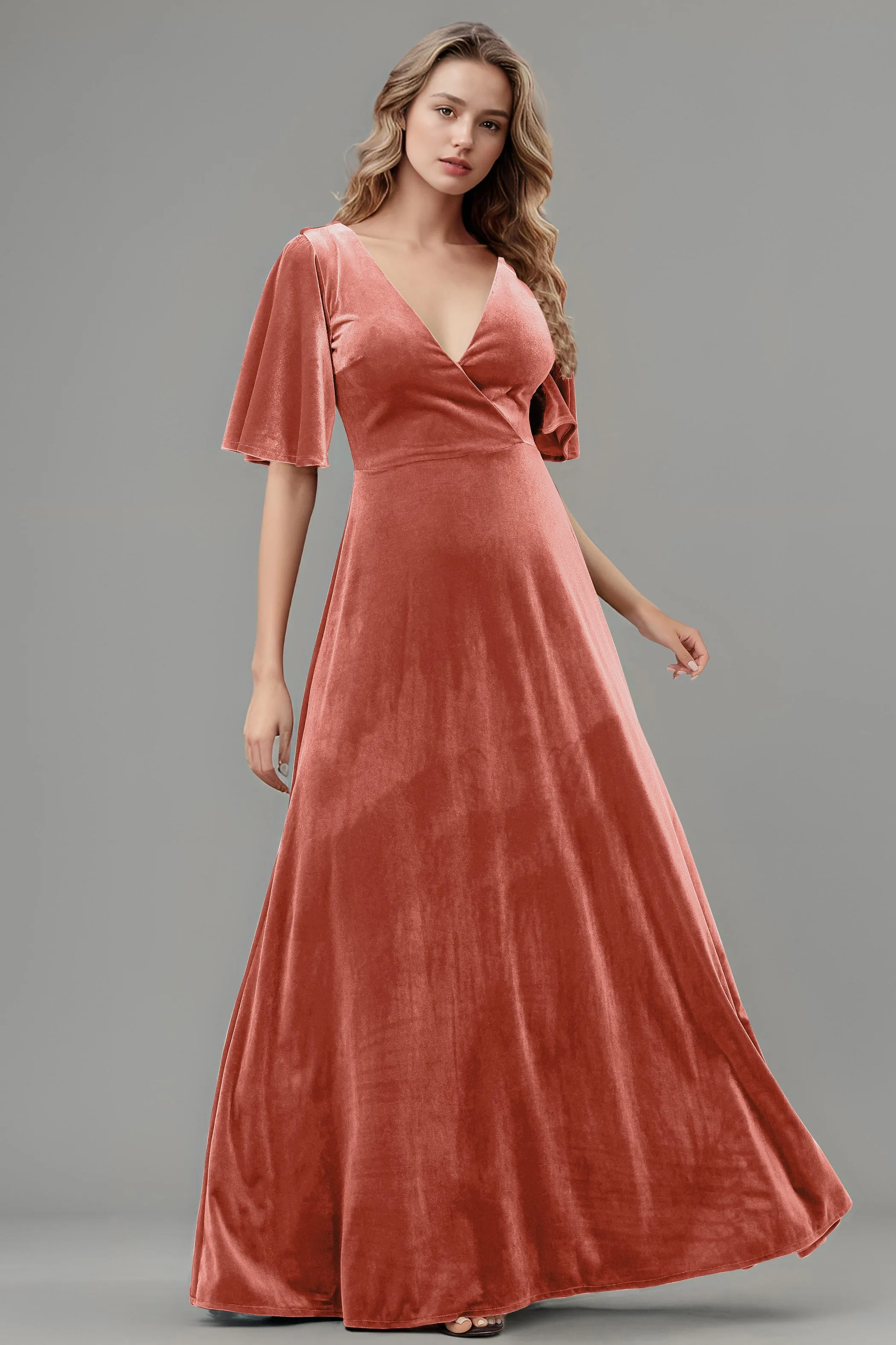 Simple V-Neck A-Line Short Sleeves Floor Length Velvet Bridesmaid Dresses