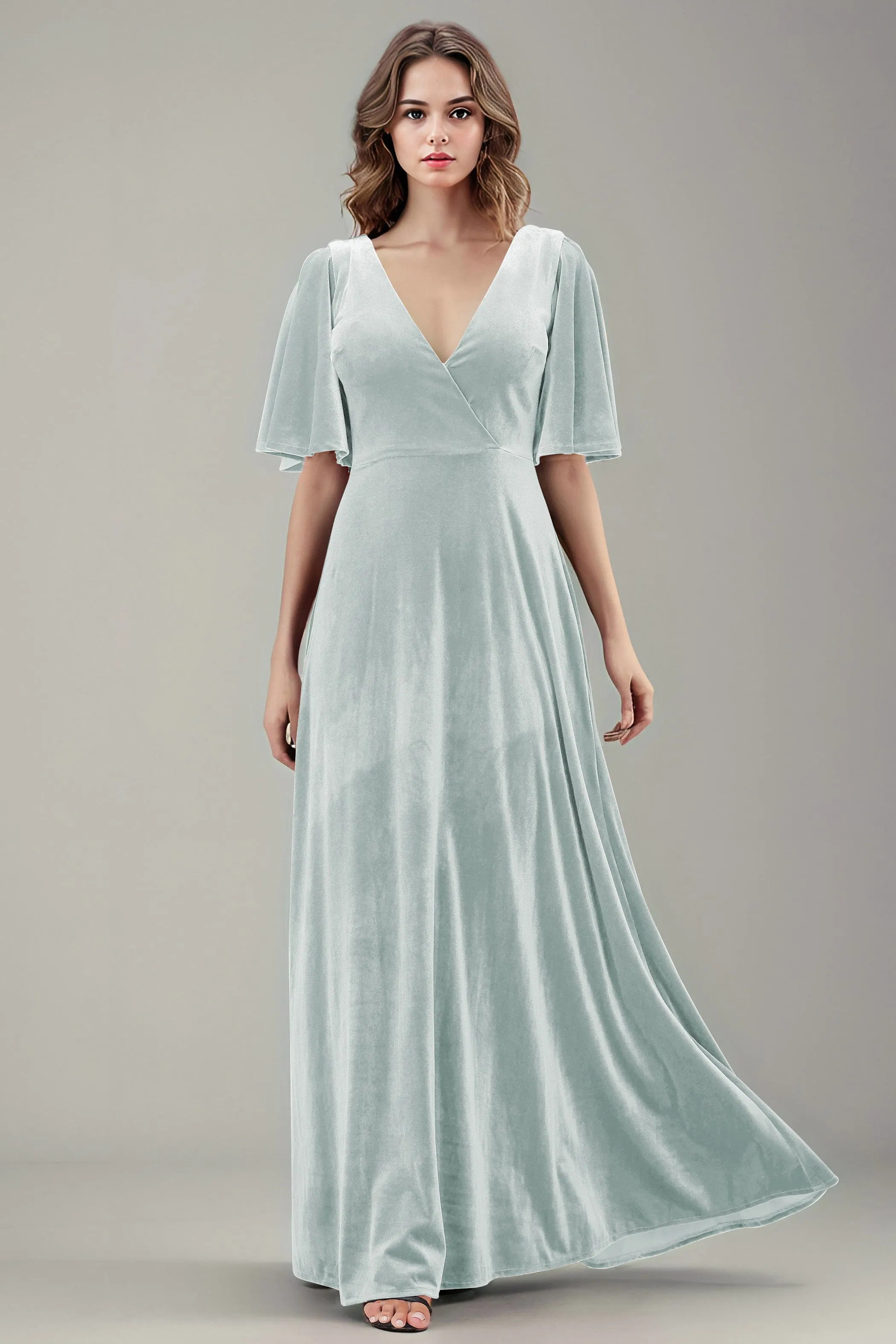 Simple V-Neck A-Line Short Sleeves Floor Length Velvet Bridesmaid Dresses