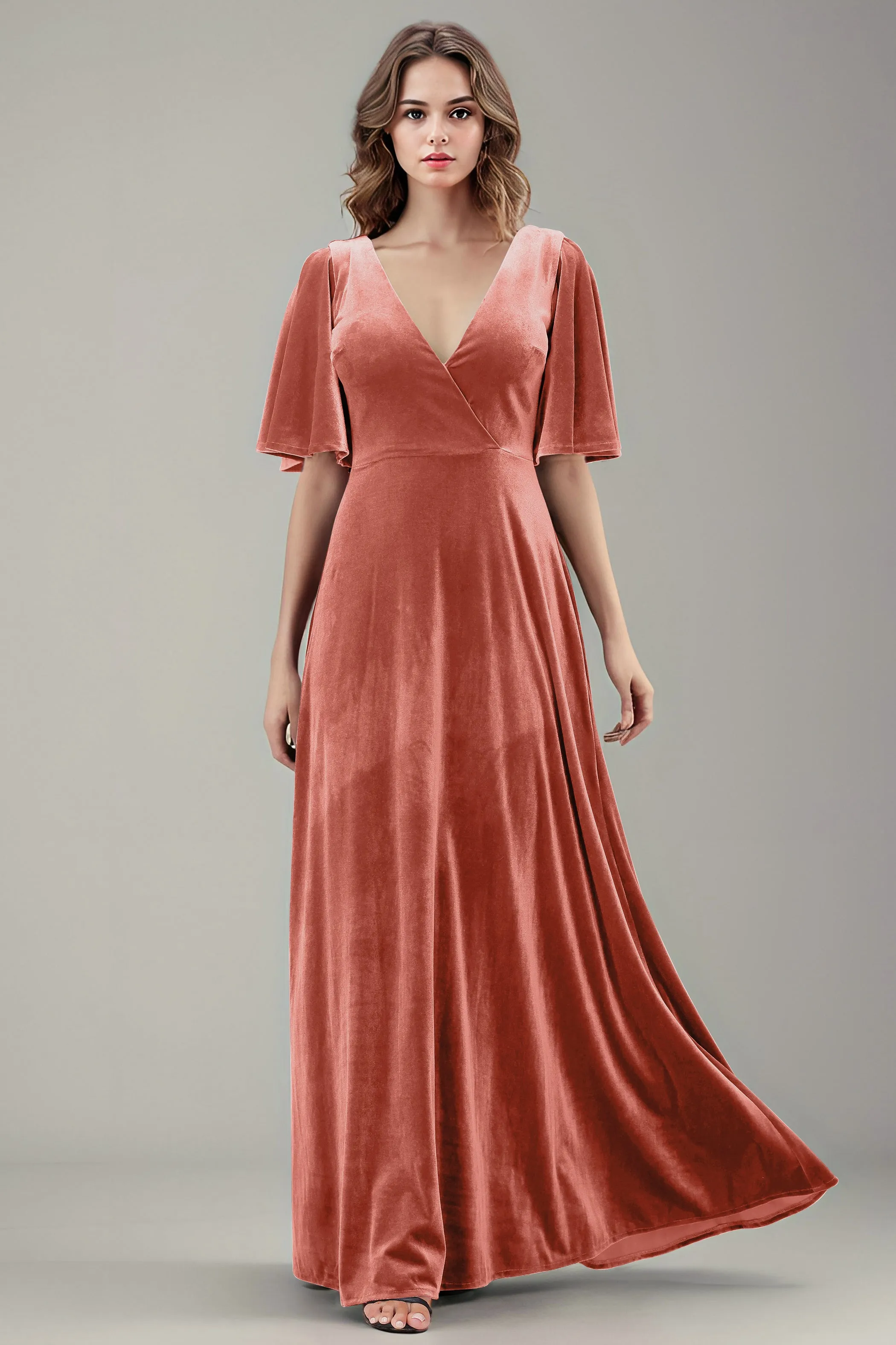 Simple V-Neck A-Line Short Sleeves Floor Length Velvet Bridesmaid Dresses