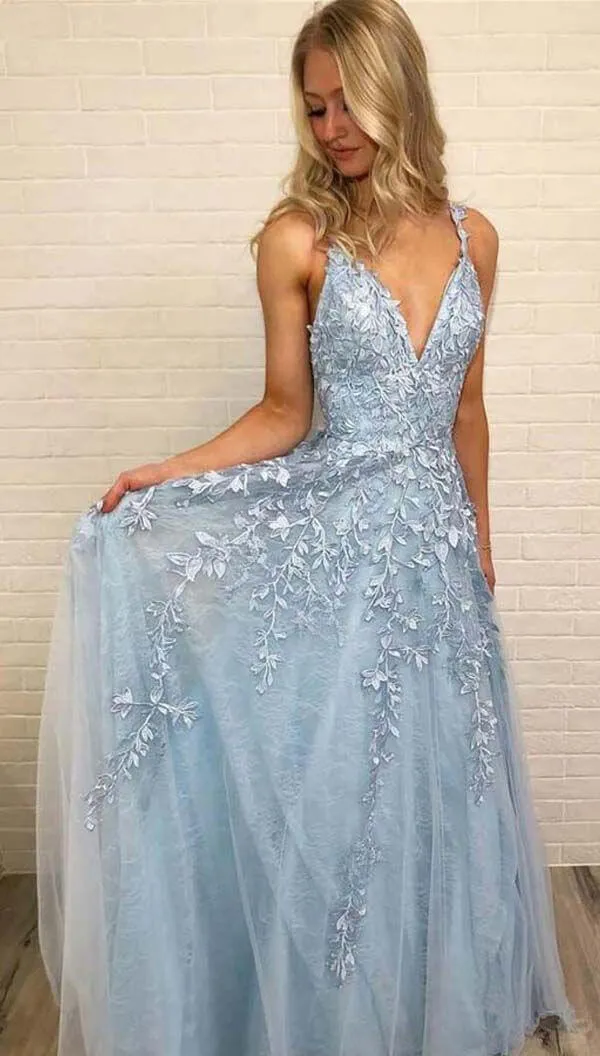 Sky Blue Tulle A Line Lace Sleeveless Floor Length V Neck Prom Dress, SP401