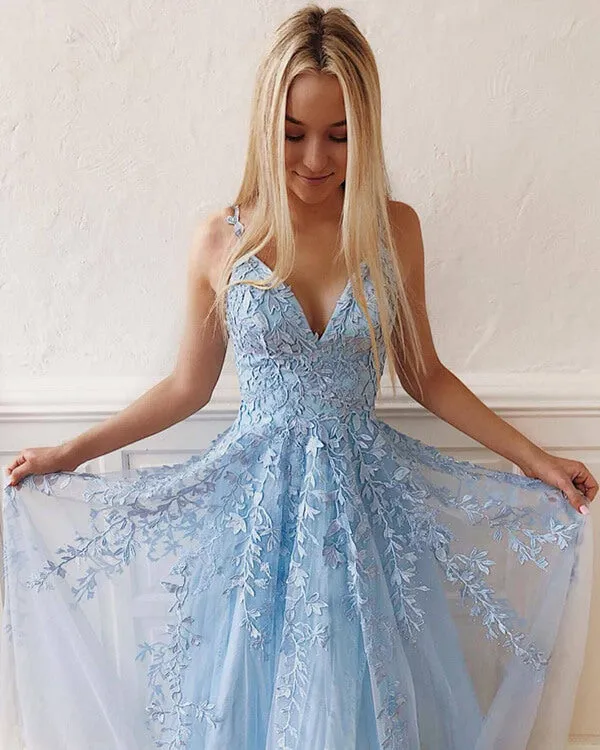 Sky Blue Tulle A Line Lace Sleeveless Floor Length V Neck Prom Dress, SP401