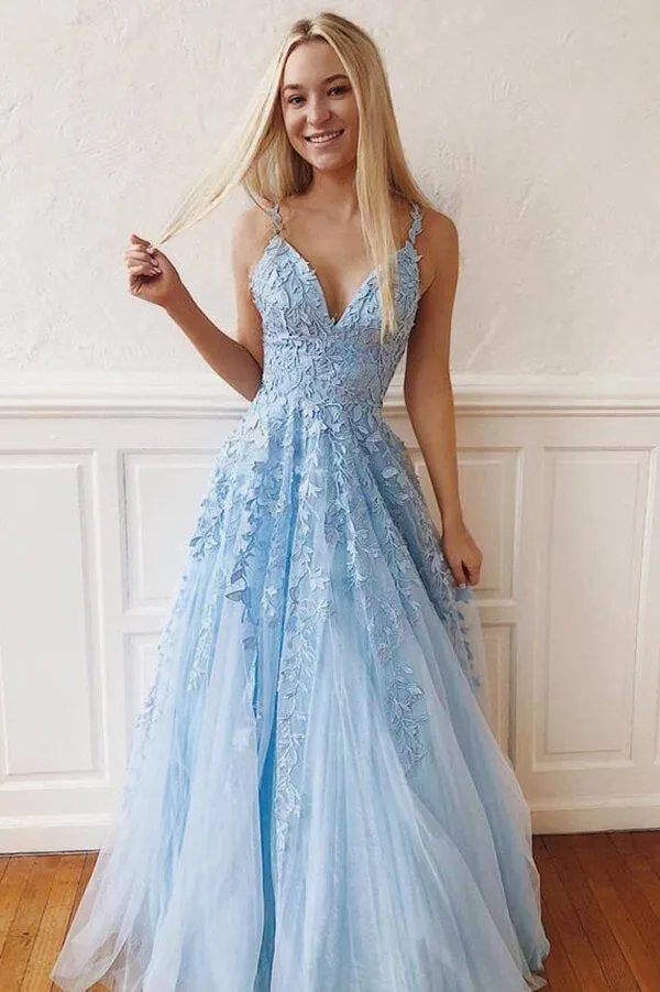 Sky Blue Tulle A Line Lace Sleeveless Floor Length V Neck Prom Dress, SP401