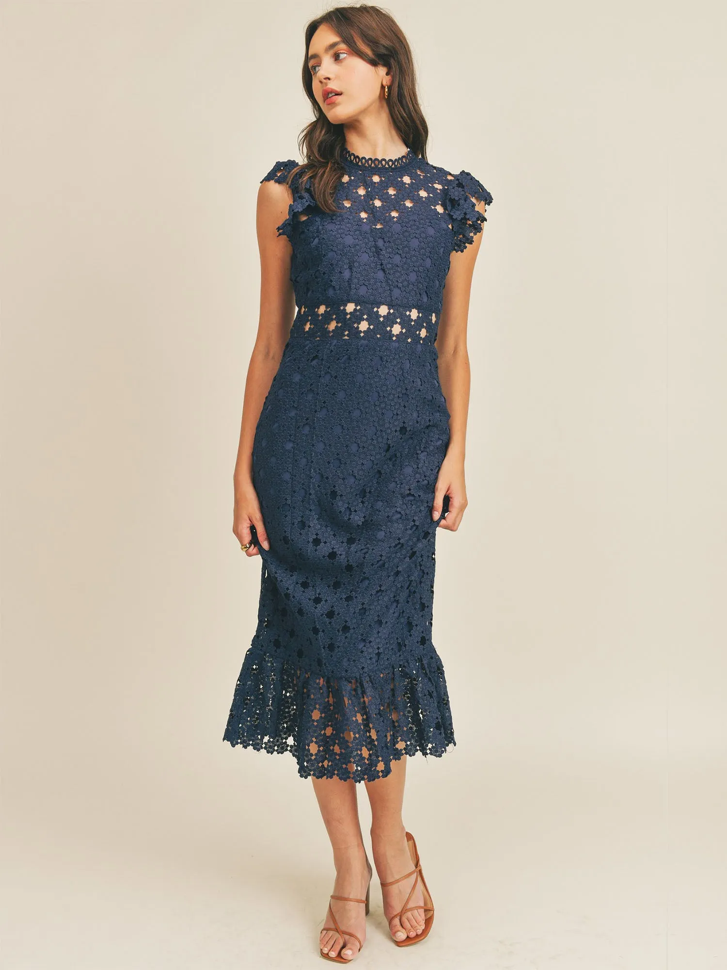 Sleeveless Illusion Crochet Lace Midi Dress - Just Me