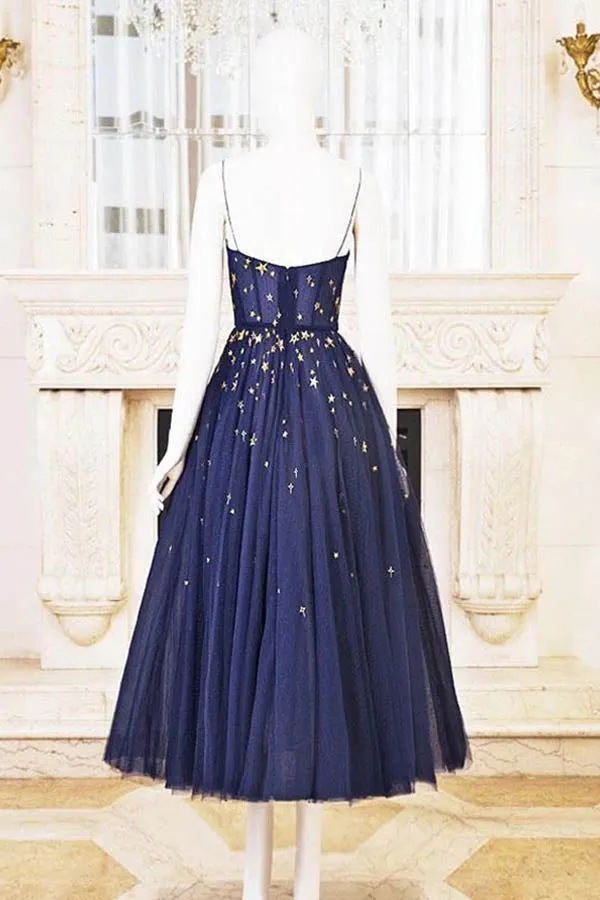 Sparkly A Line Tea Length Homecoming Dresses Short Prom Dress With Stars, SH519