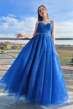 Sparkly Blue Tulle A-line Spaghetti Straps Prom Dresses, Evening Dresses, SP910