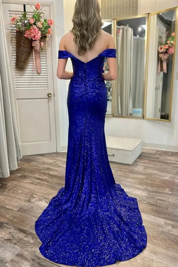 Sparkly Royal Blue Sequins Mermaid Off-the-Shoulder Long Prom Dress, SLP027