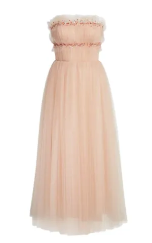 Strapless Ruched Tulle Midi Cocktail Dress