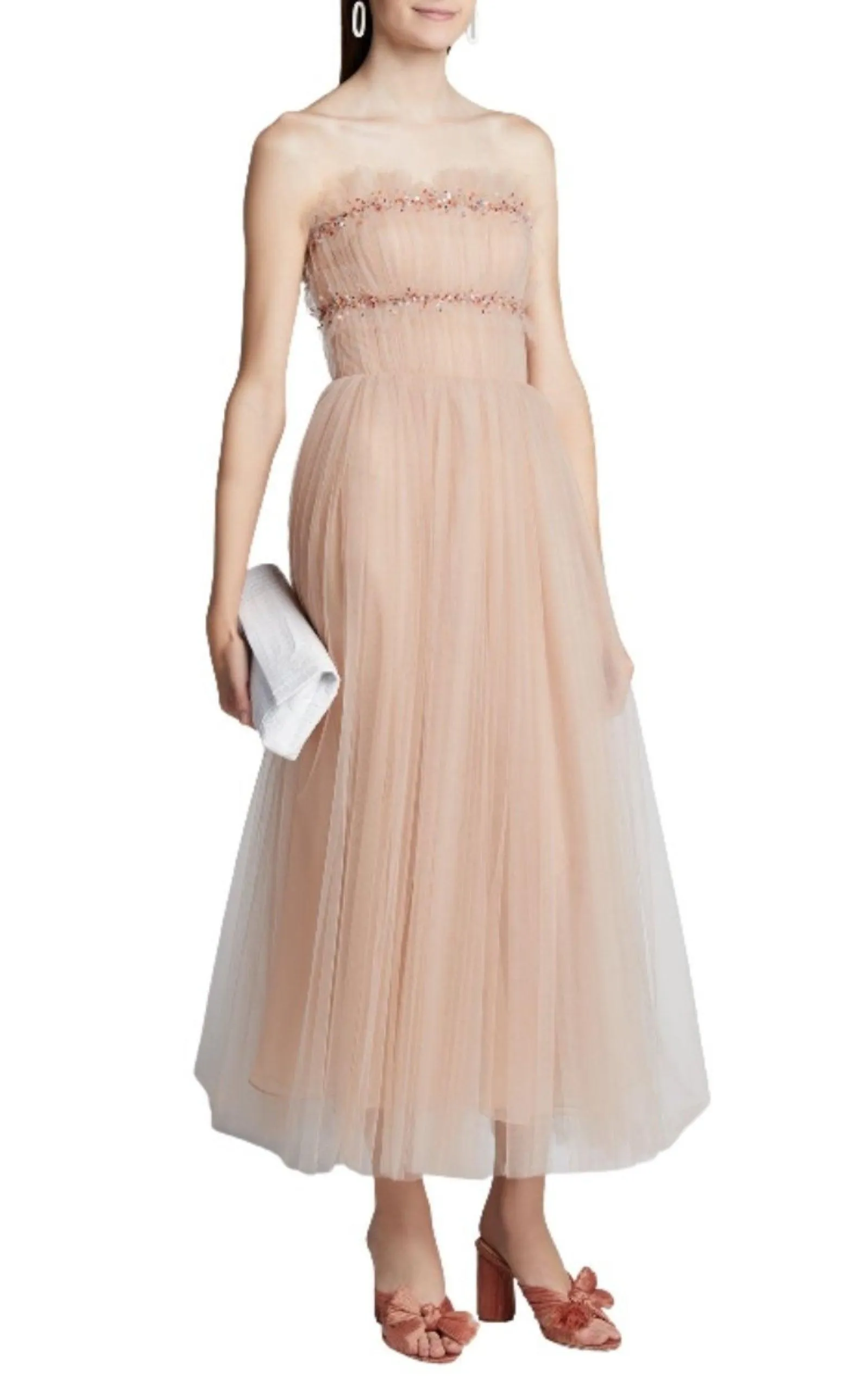 Strapless Ruched Tulle Midi Cocktail Dress