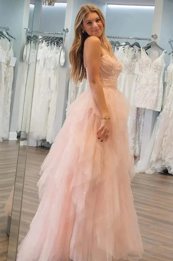 Stunning Light Pink Tulle Strapless Beaded Prom Dresses, Party Dress, SLP006