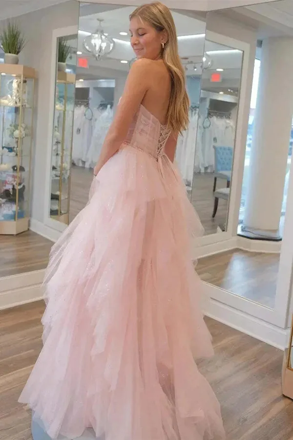 Stunning Light Pink Tulle Strapless Beaded Prom Dresses, Party Dress, SLP006