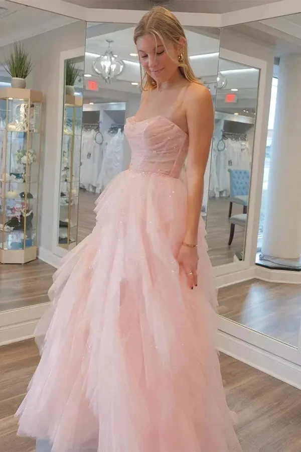 Stunning Light Pink Tulle Strapless Beaded Prom Dresses, Party Dress, SLP006